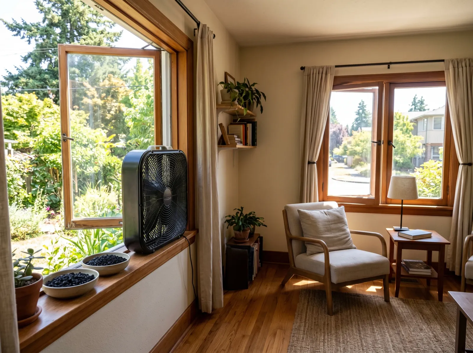 Room set up for cross-ventilation with a box fan venting out and charcoal bowls on the sill