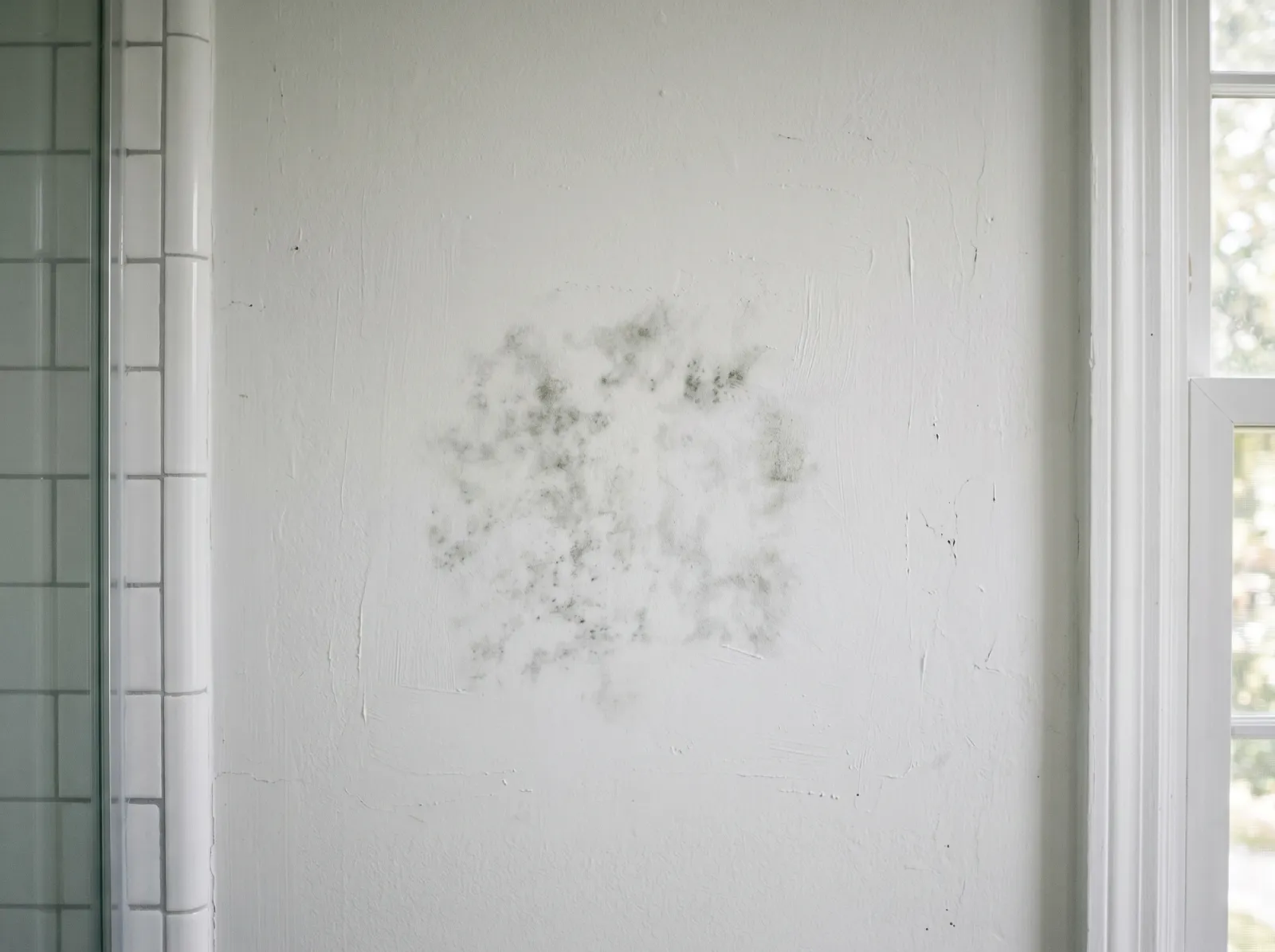 Fresh white paint over a mold colony with grey ghosting reappearing through the new coat