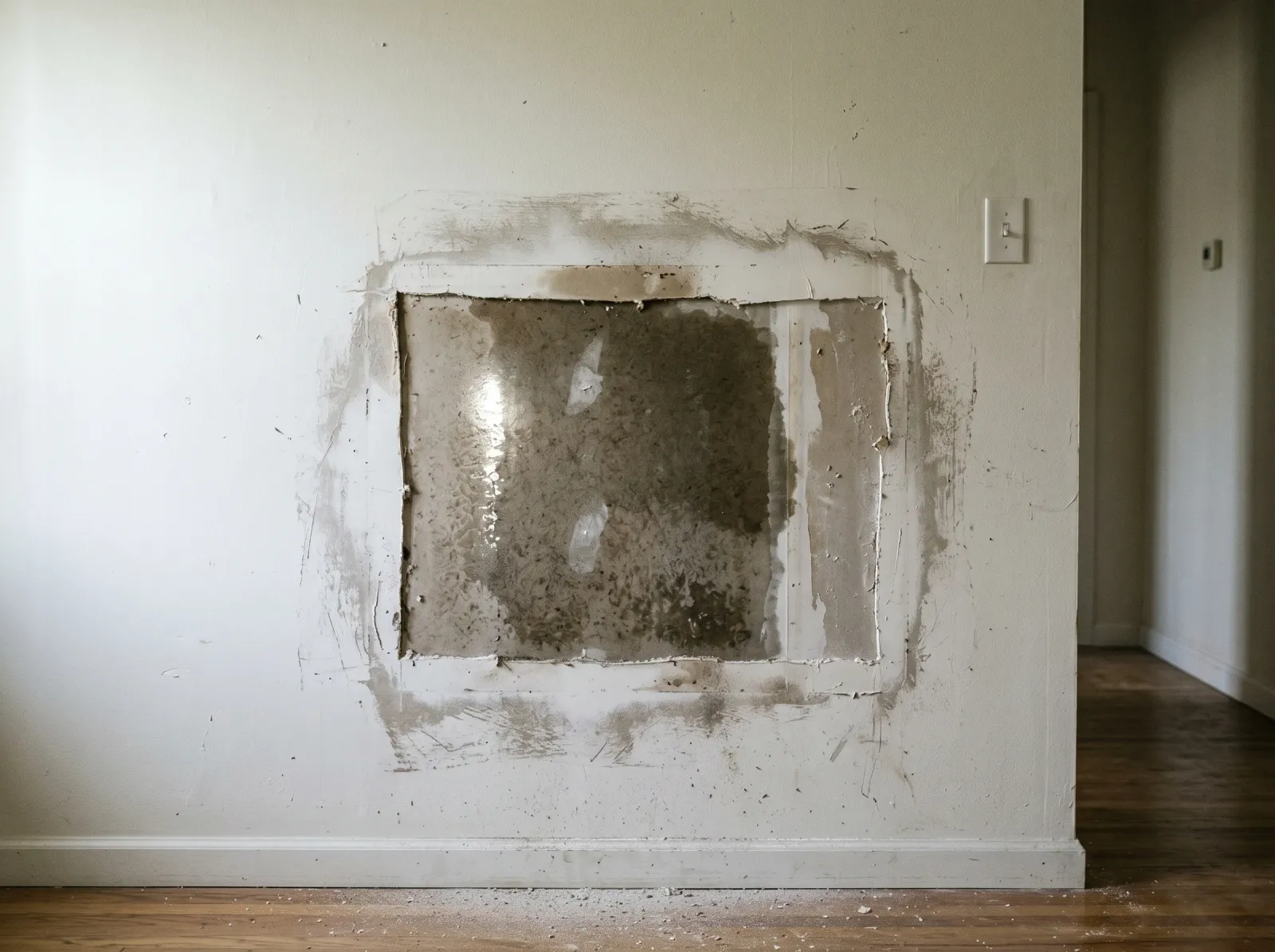 Wall stripped to bare drywall and cleaned, surrounding paint feathered, ready for a stain-blocking primer