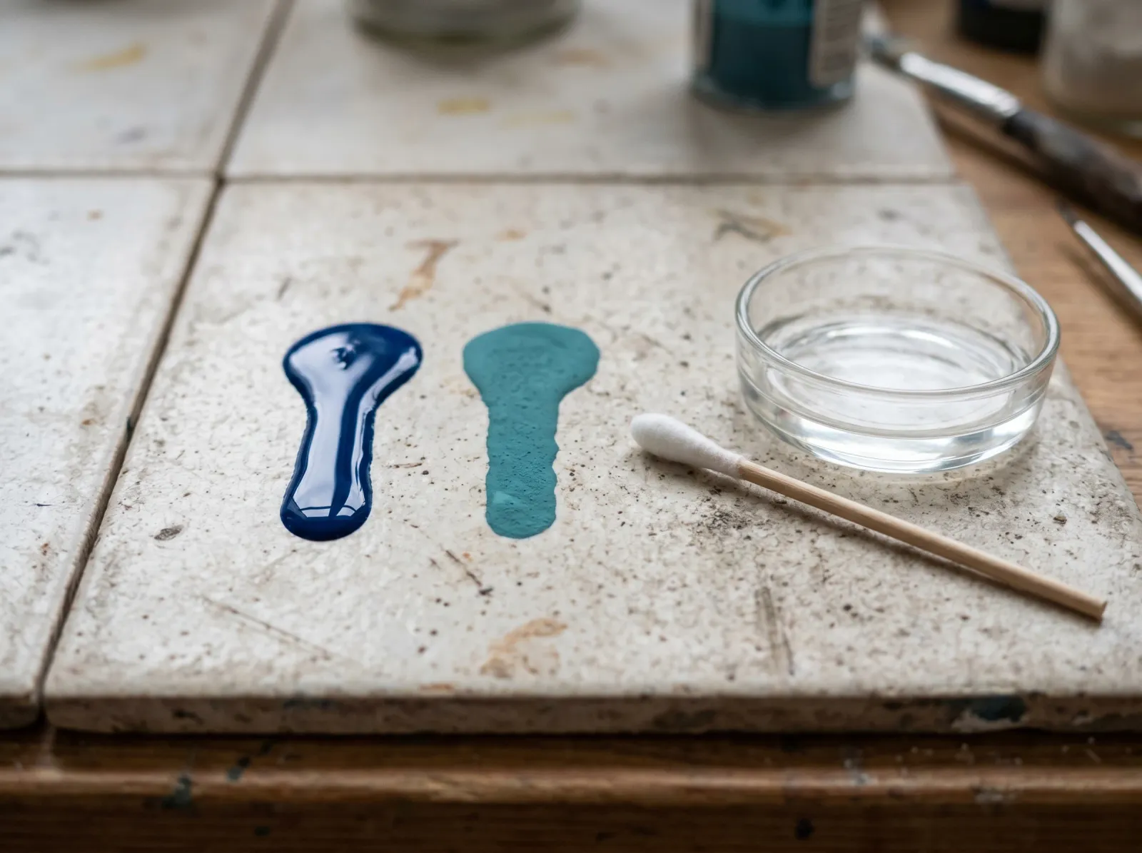 Two dried paint drips on a tile, one oil-based and one water-based, with a swab and alcohol for a spot test