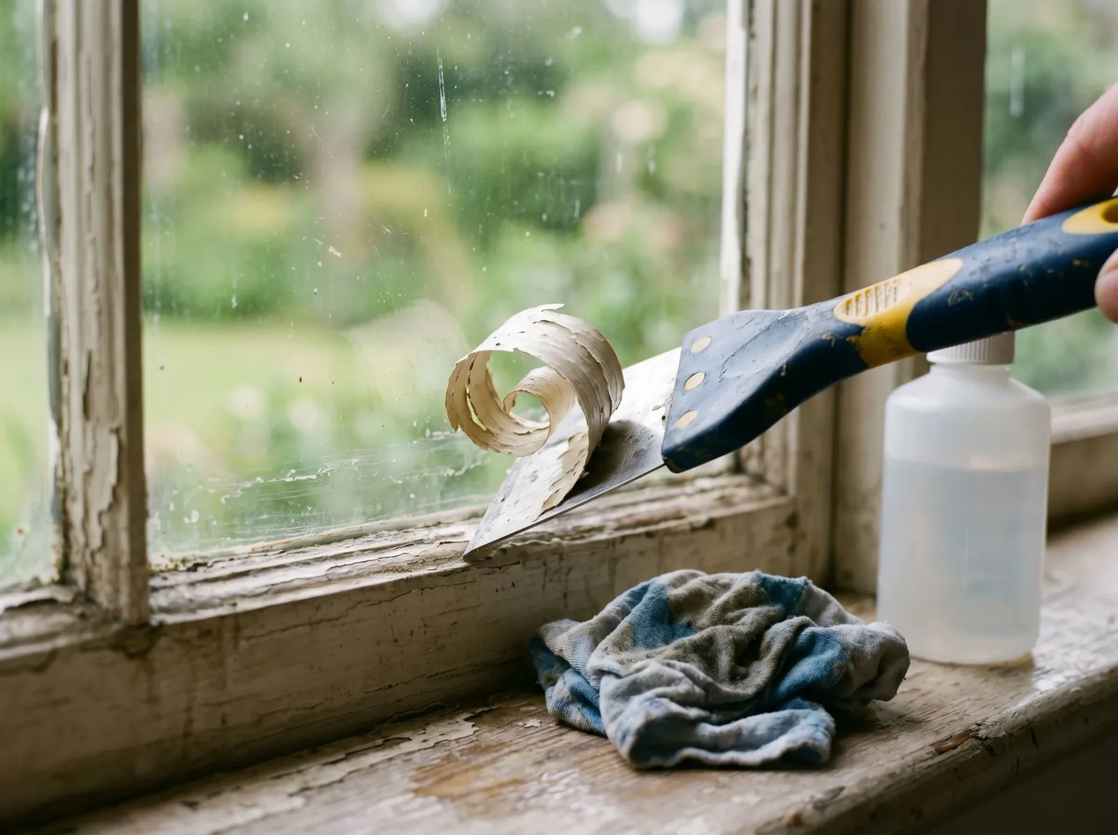 Plastic razor scraper lifting softened paint off glass in a curl, rag and solvent nearby
