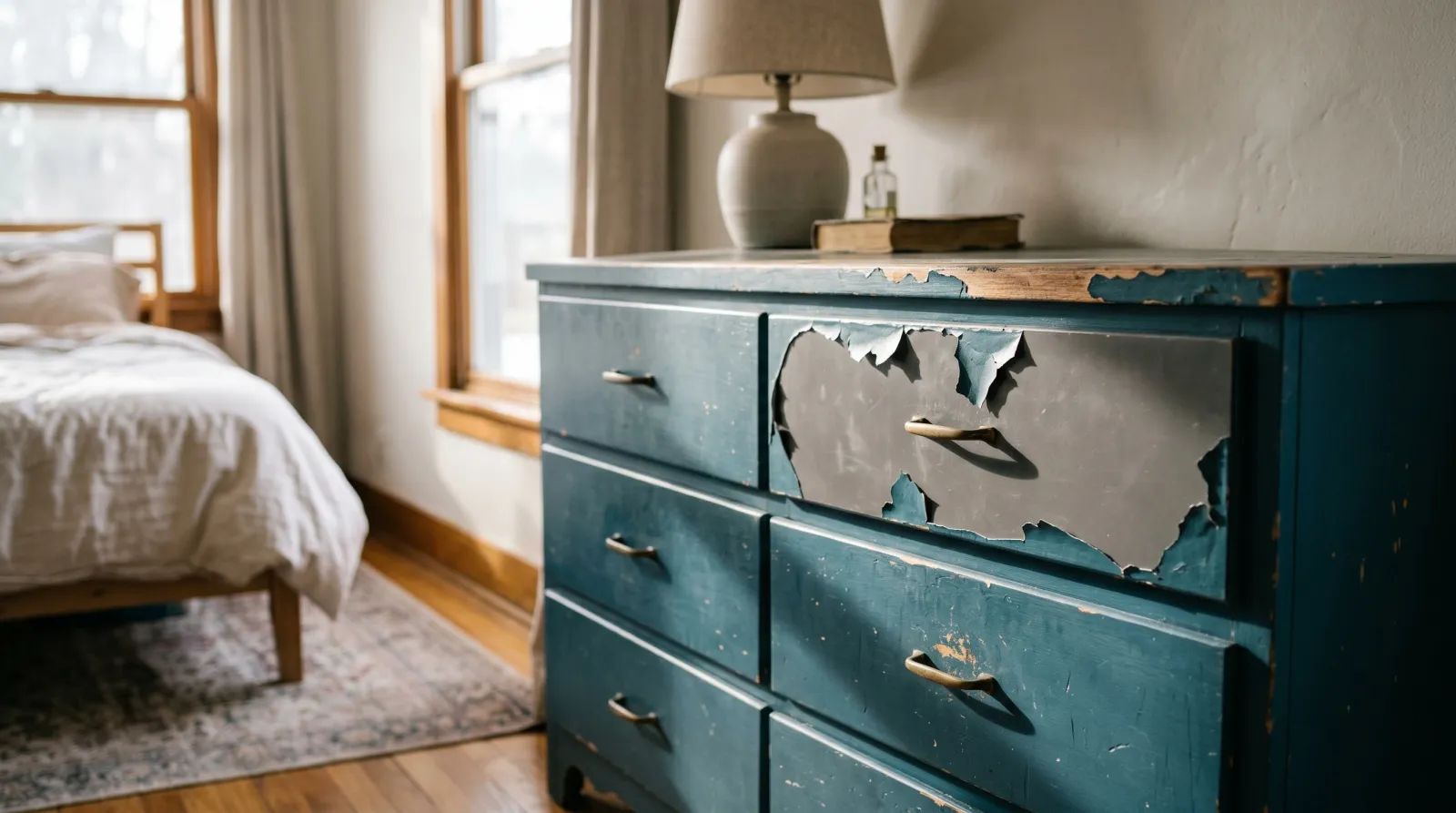 Painted laminate dresser with paint peeling off the top edge and a drawer front in clean sheets, exposing the smooth laminate underneath