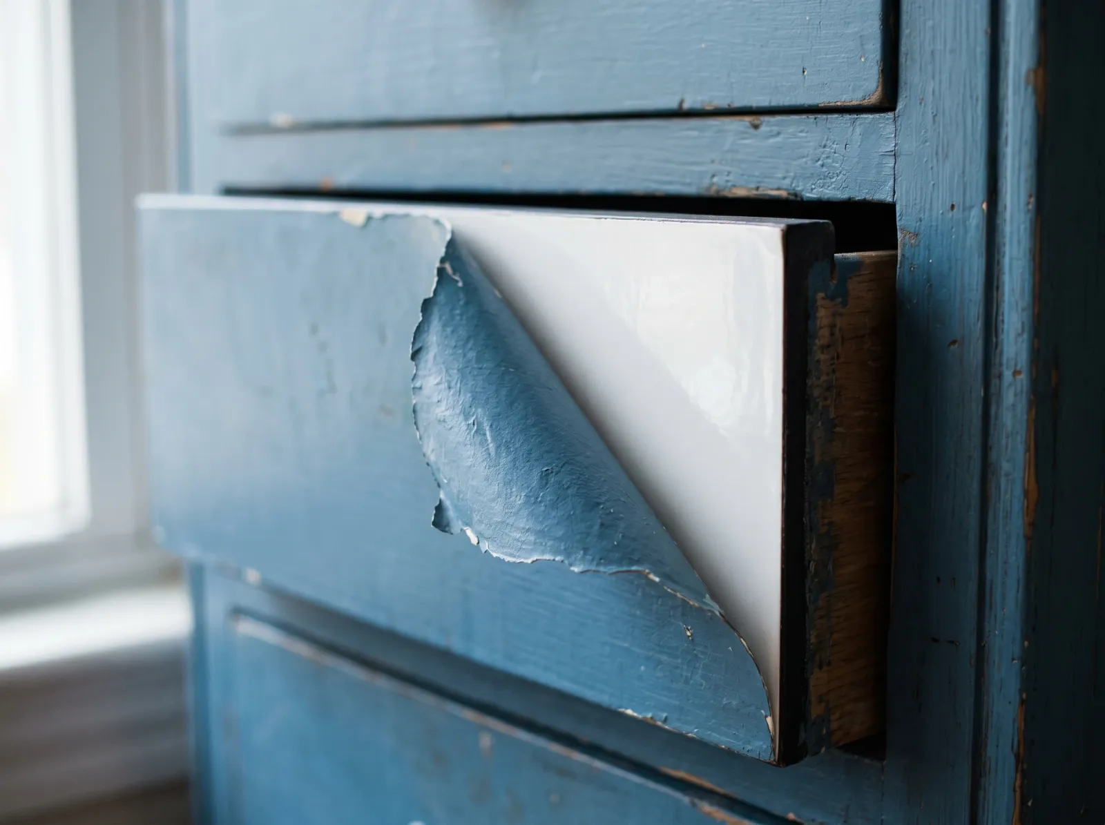 Close-up of paint lifting off a laminate drawer front in a clean sheet, bare glossy laminate visible underneath