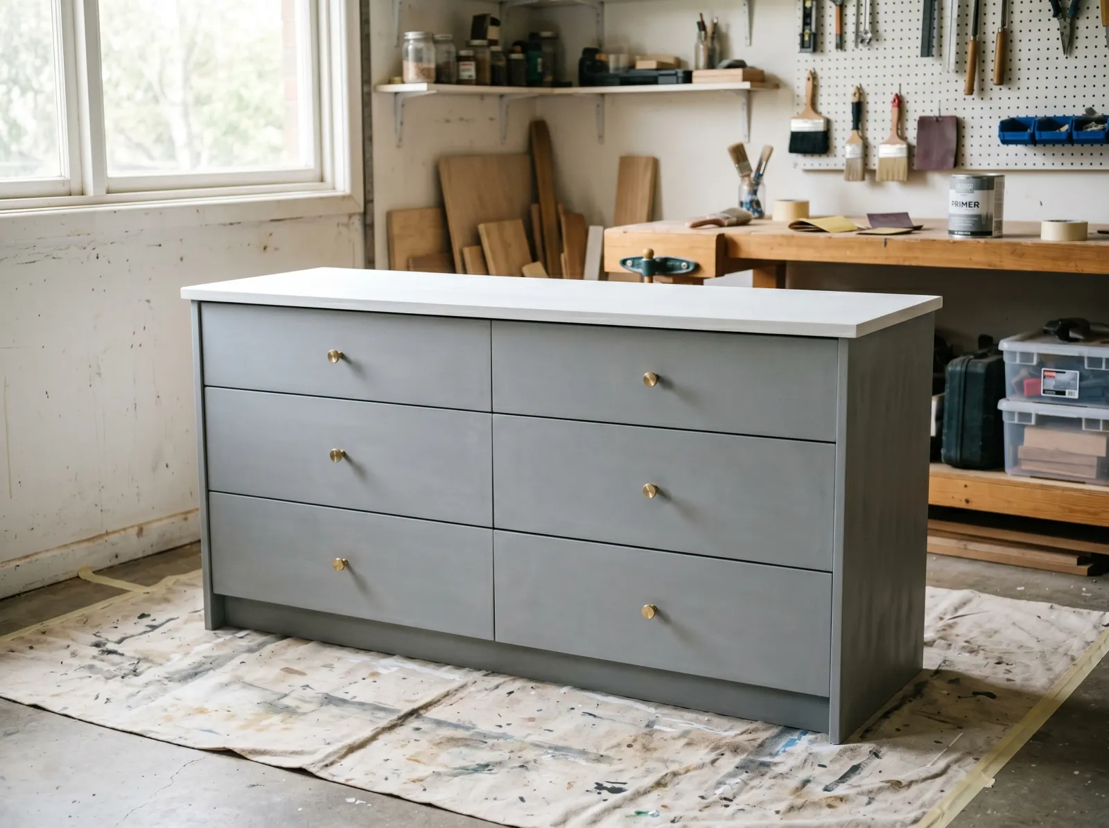 Laminate dresser scuff-sanded to a dull matte surface and coated with white bonding primer, drying on a drop cloth