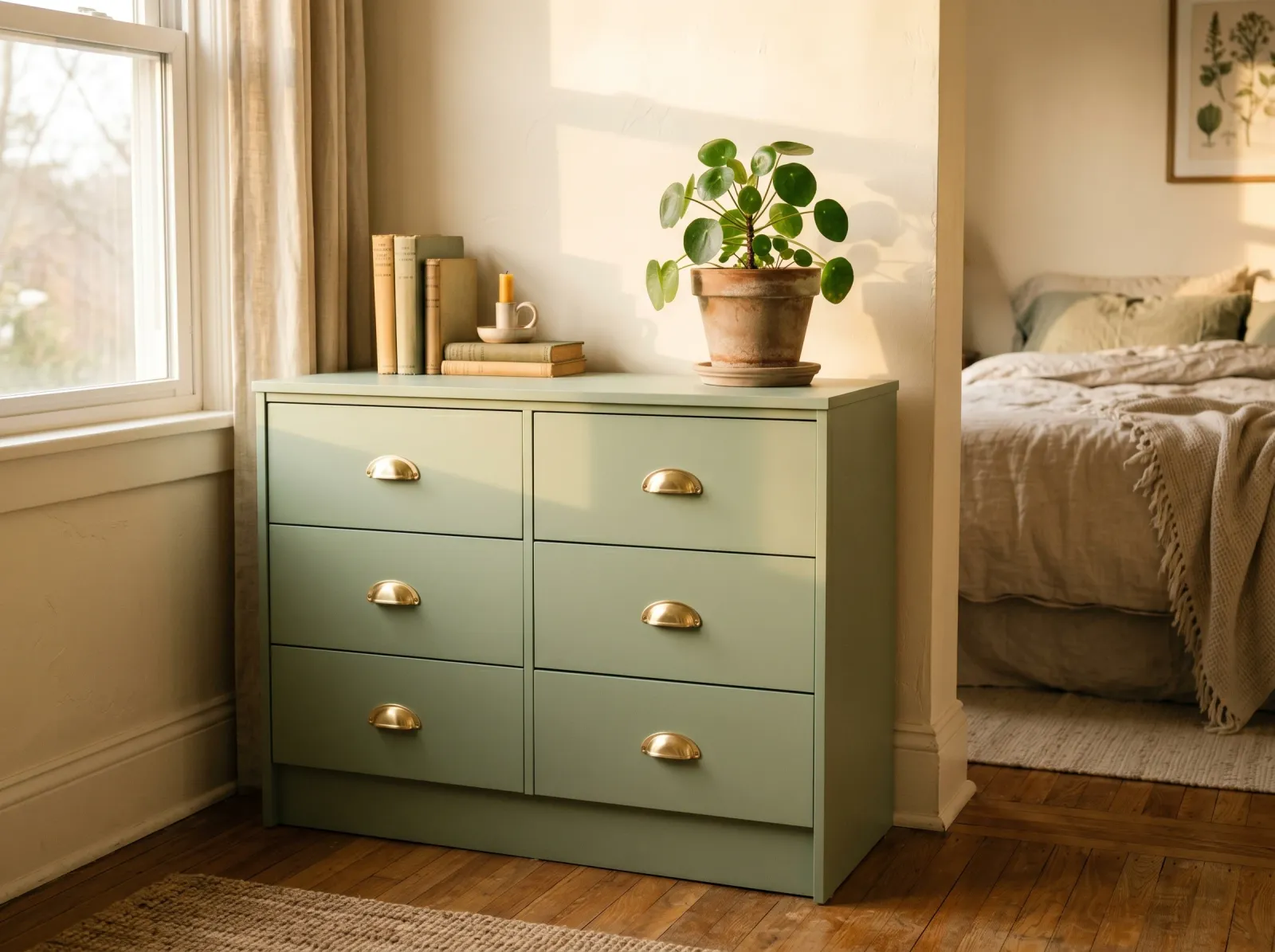 Laminate dresser repainted in soft satin sage green with an even bonded finish and brass pulls, in a sunlit bedroom