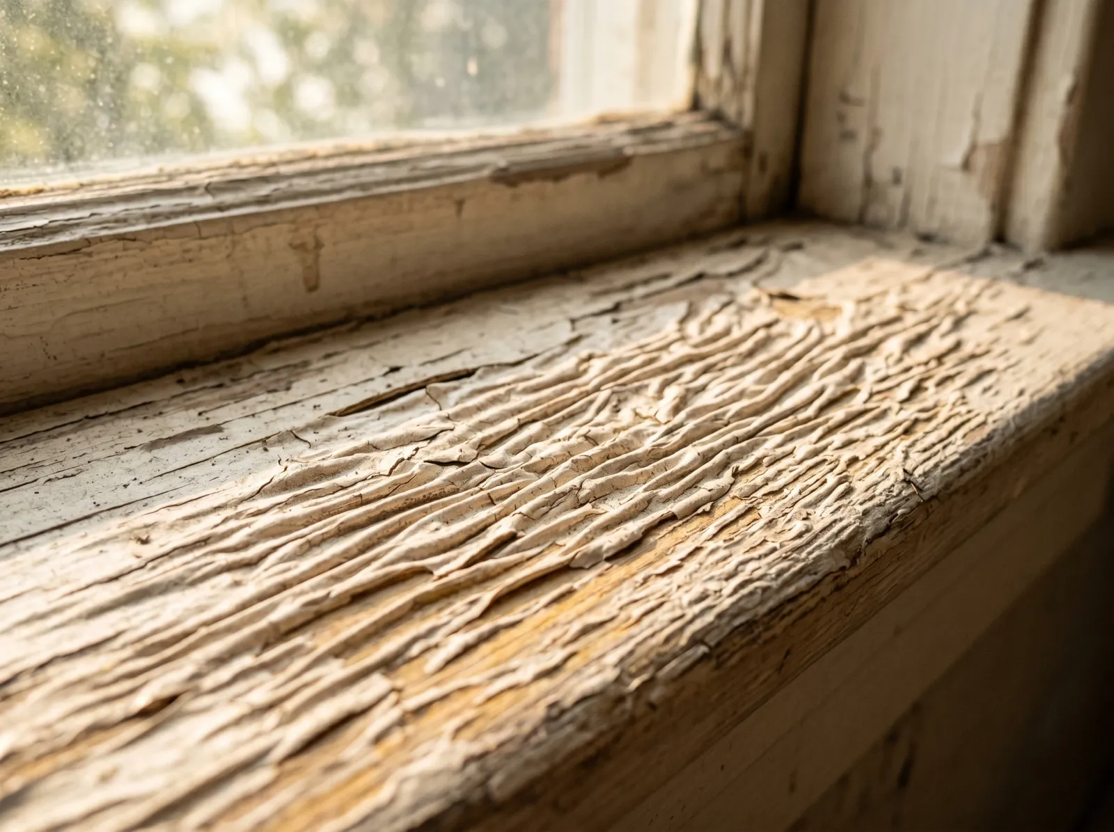 Close-up of wrinkled, puckered paint on wood trim before repair