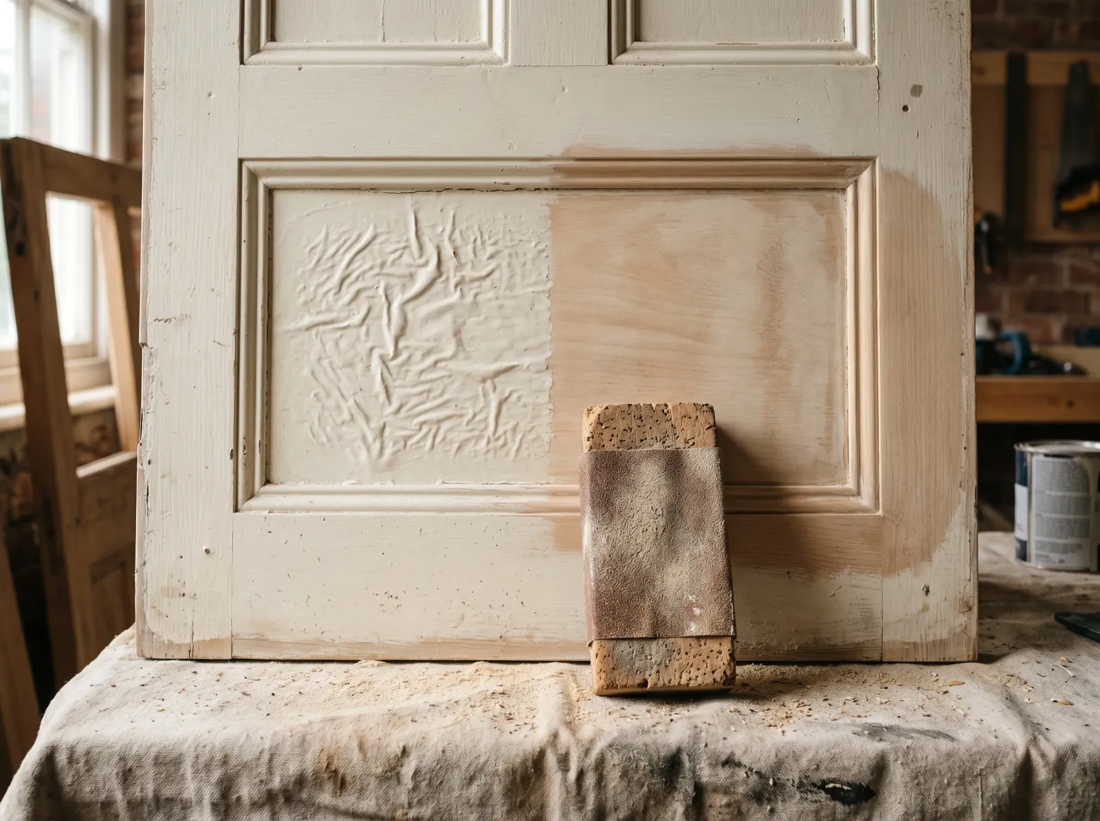 Door panel half sanded flat, half still showing wrinkled paint