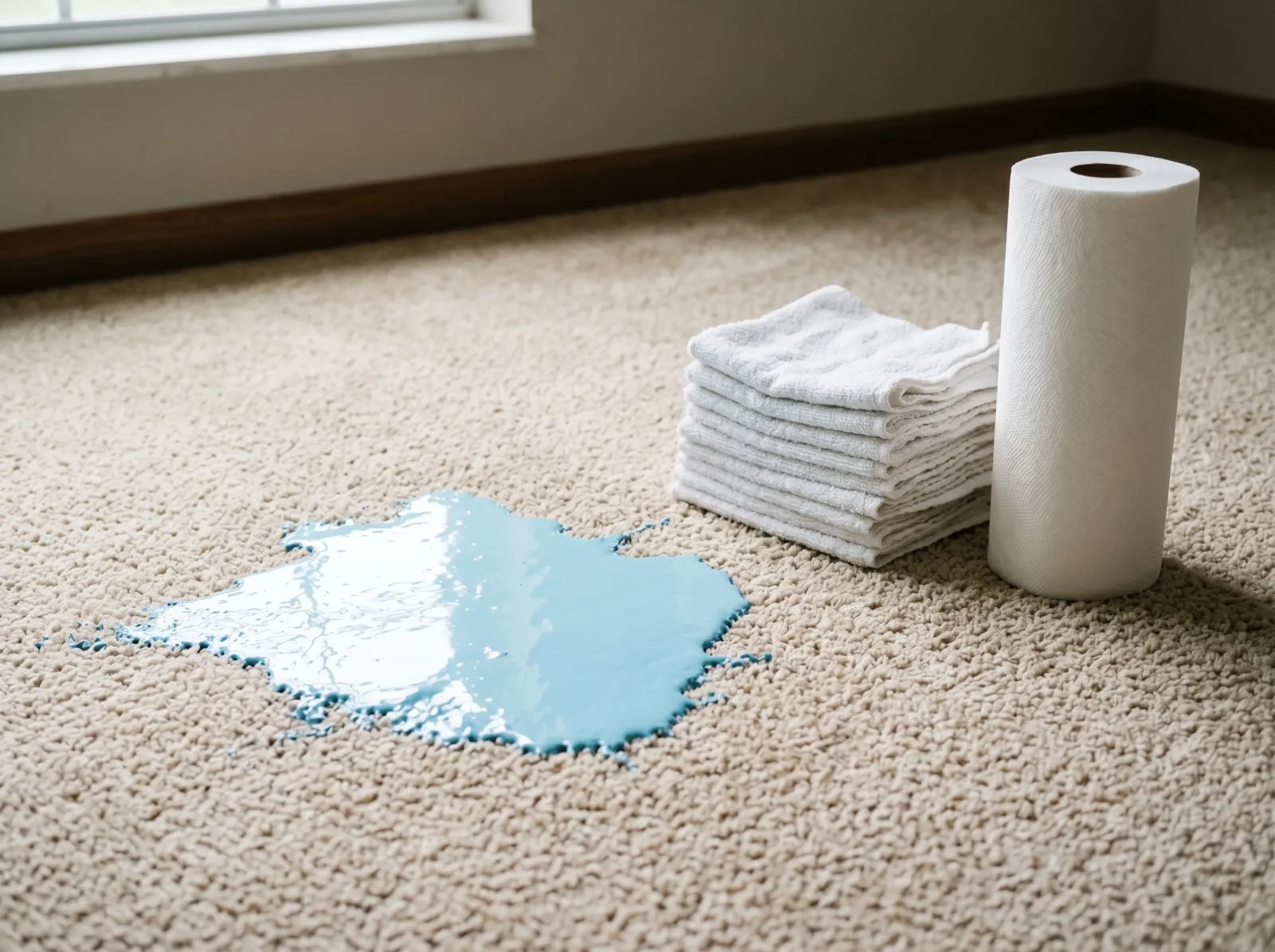 Fresh wet paint spill on beige carpet with clean rags staged beside it for blotting