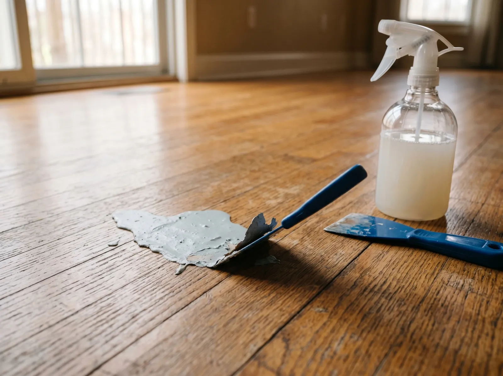Dried paint drip on hardwood floor with a plastic putty knife and soapy water staged for lifting