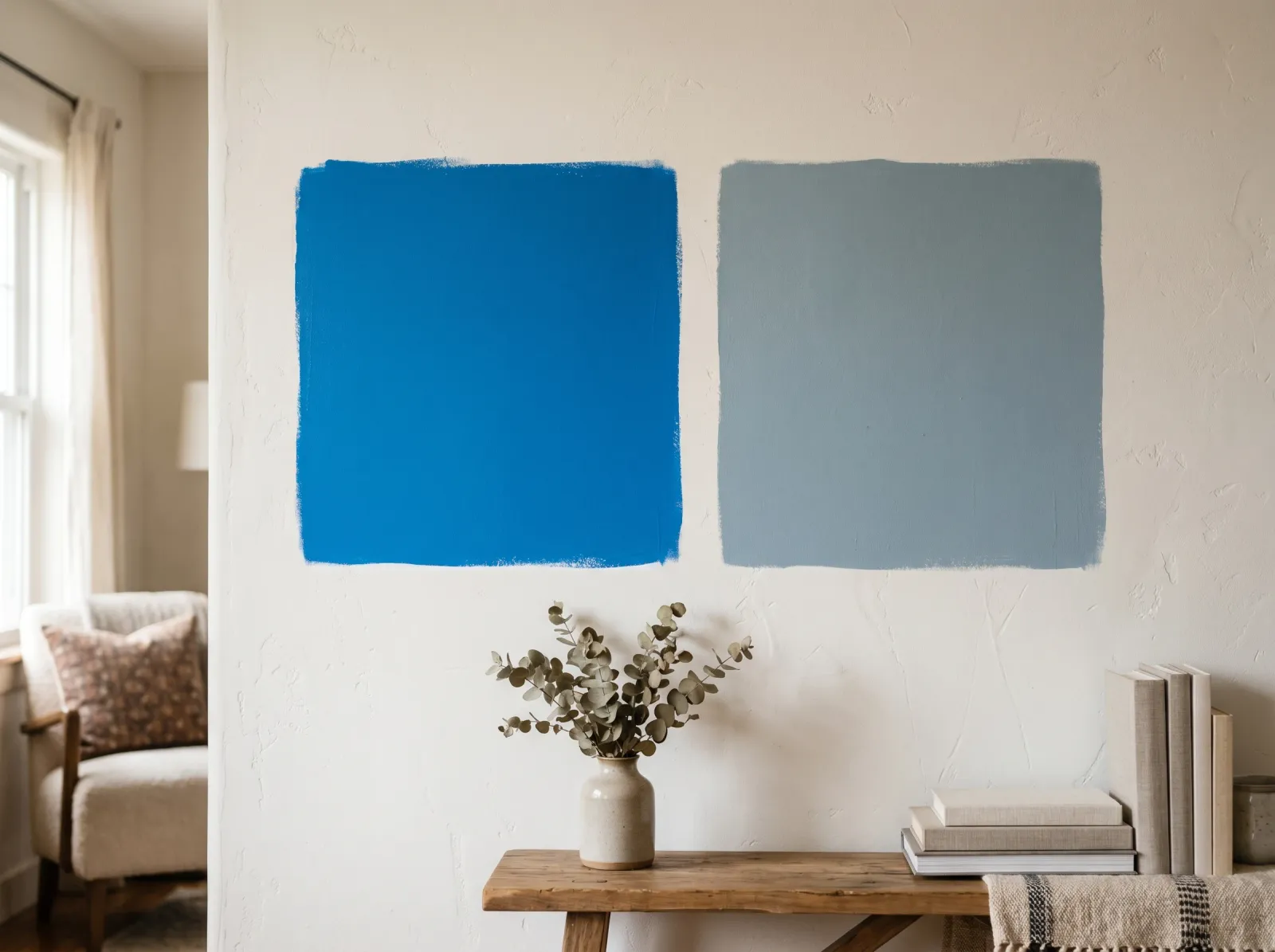 Two sample squares on a wall, a bright saturated blue beside a softer grayed-down version of the same blue