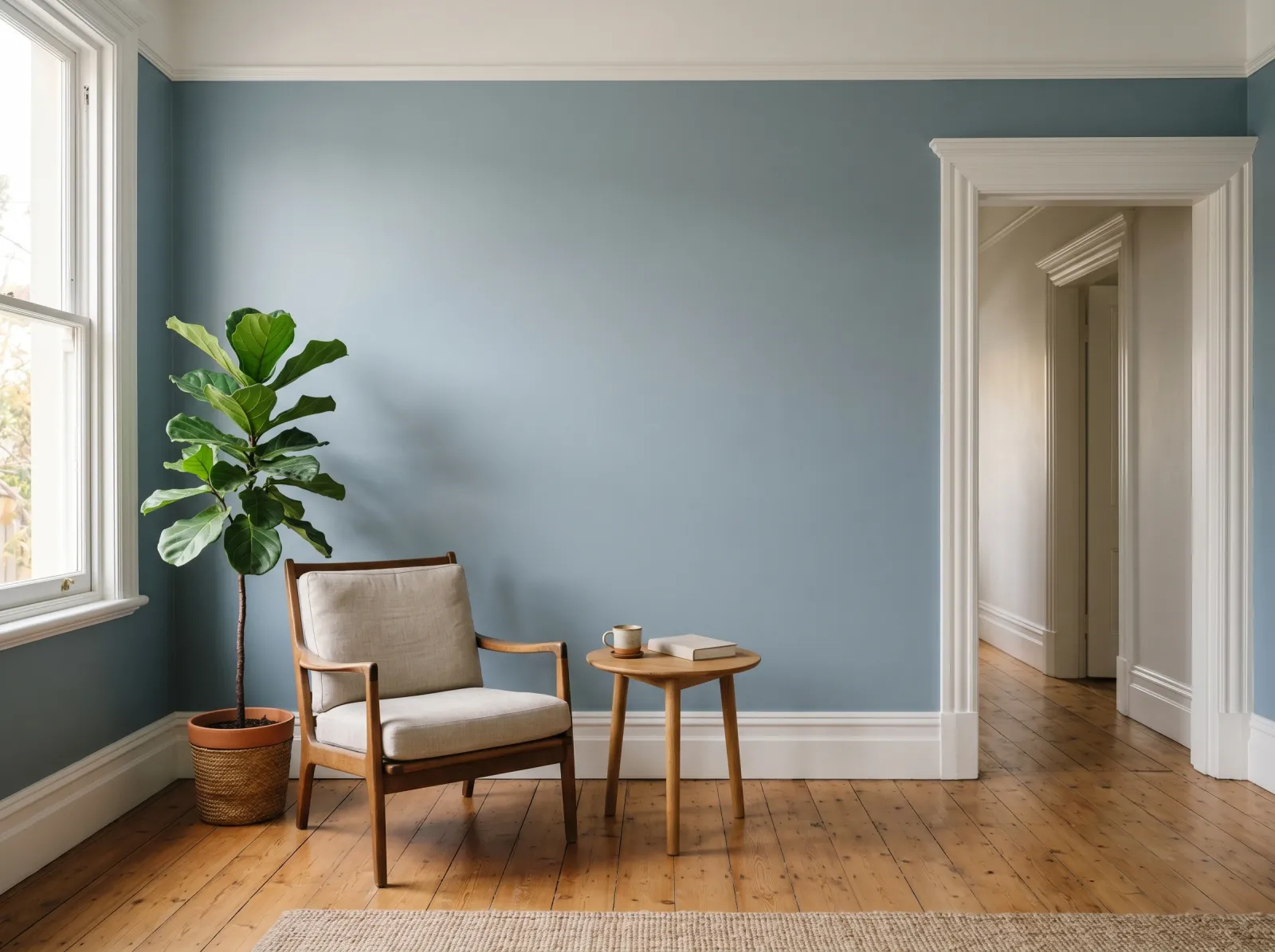 A repainted wall in a soft muted blue-gray sitting quietly against white trim and wood floor