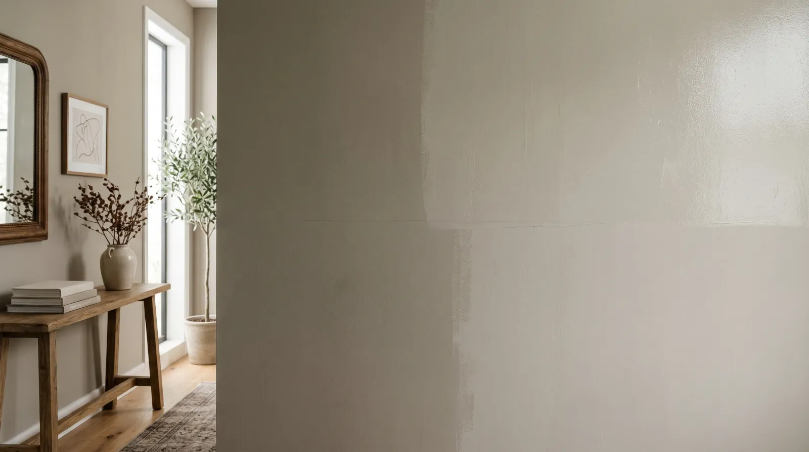 Interior wall showing wet paint lighter than the dried section beside it