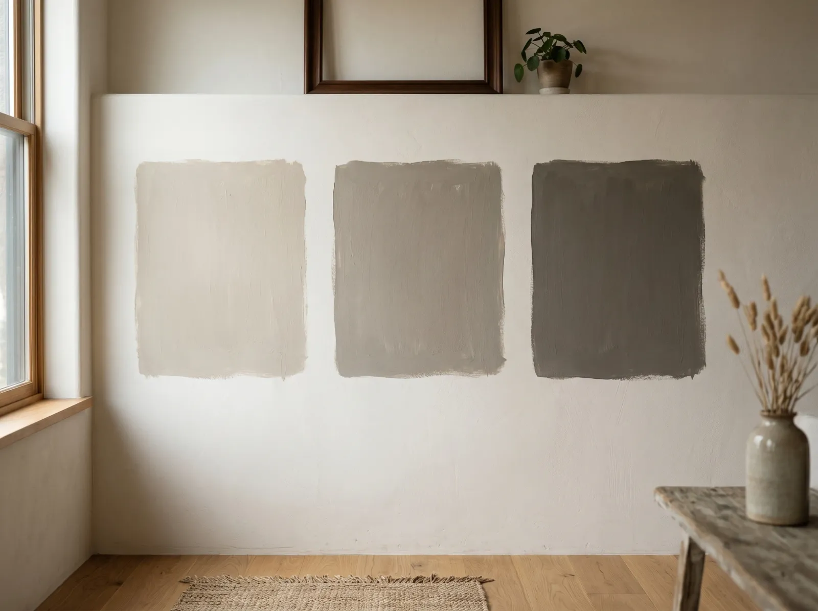A test wall with three painted sample squares of the same color family, the lightest on the left and deepest on the right, under daylight from a side window