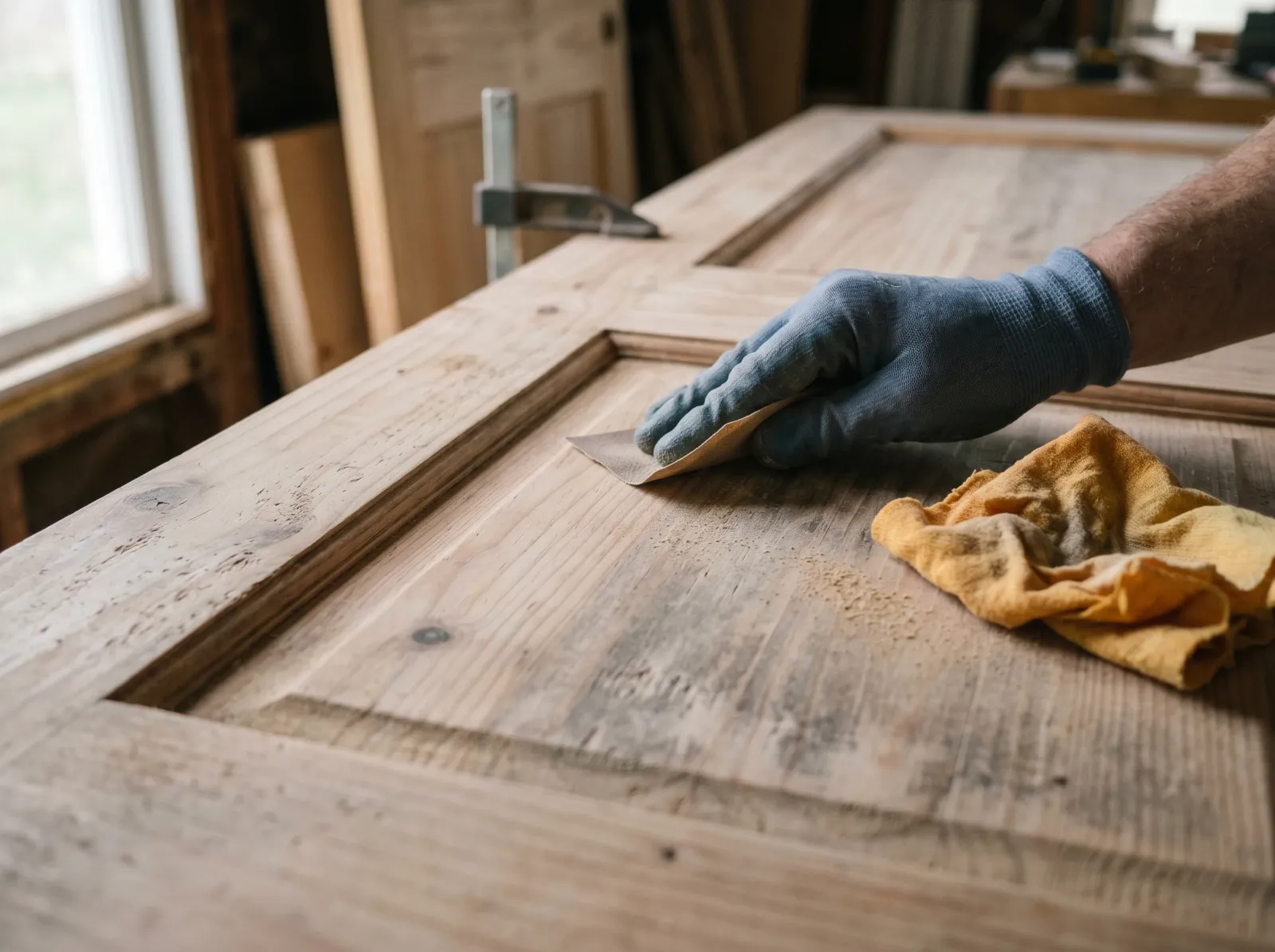 Bare wood door panel being scuff-sanded smooth before priming