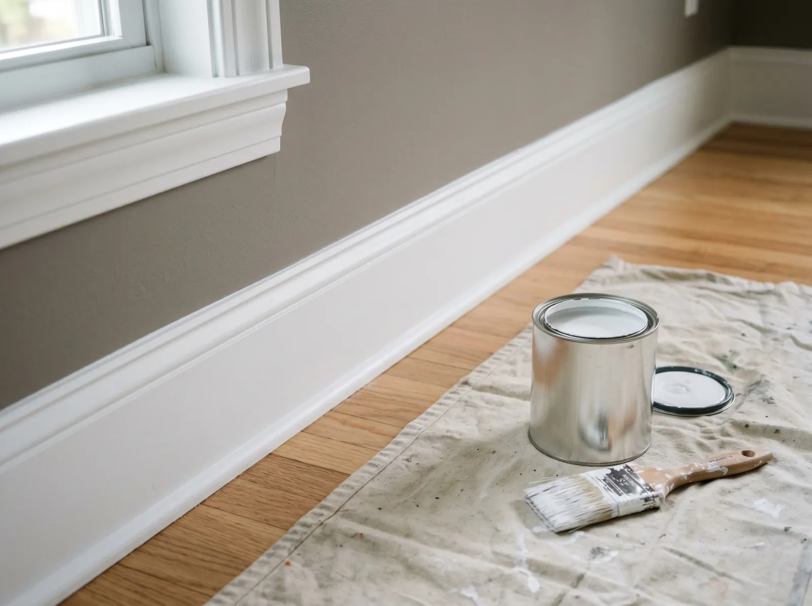 Wood trim sealed under an even coat of white bonding primer with a can and brush beside it