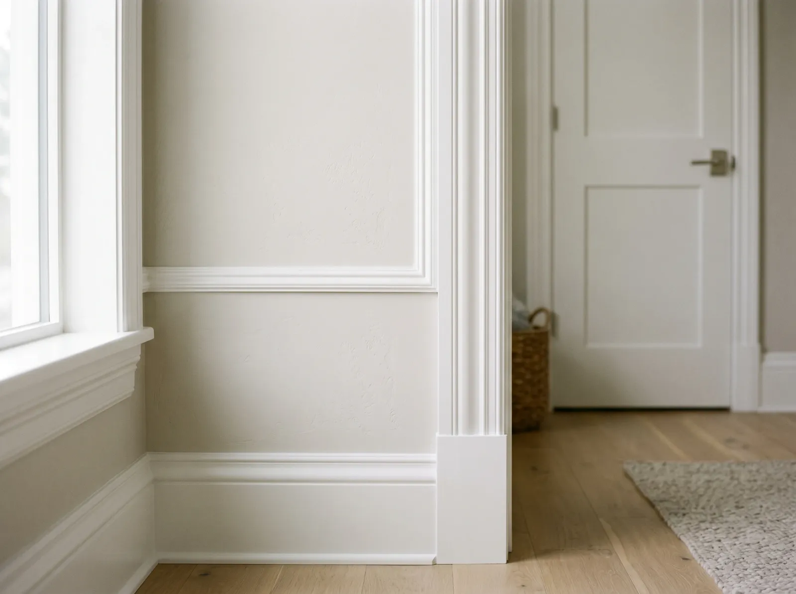 Wood trim finished in a durable satin topcoat over primer with an even uniform film