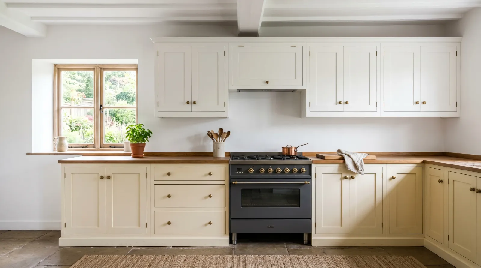 White kitchen cabinets reading cream-yellow near the stove and in shaded corners against a crisp white wall