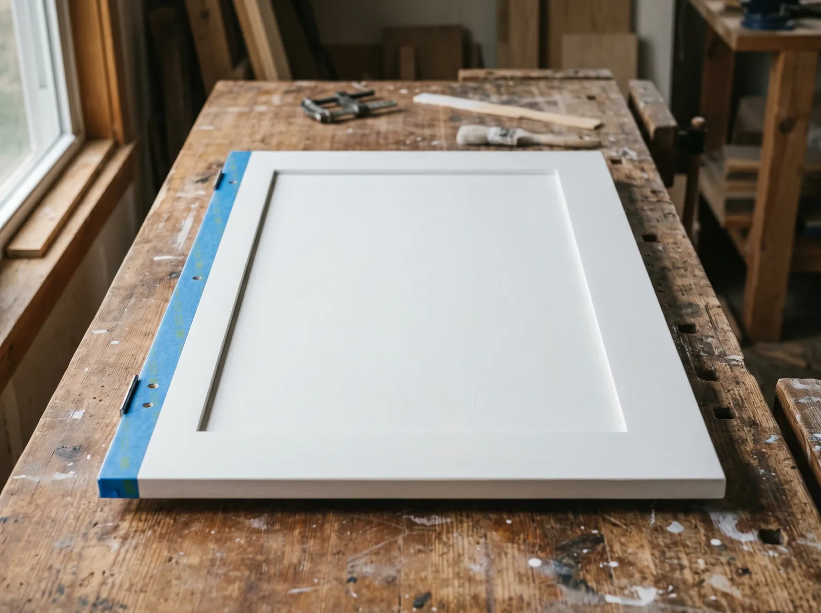 Cabinet door laid flat and coated in even white stain-blocking primer