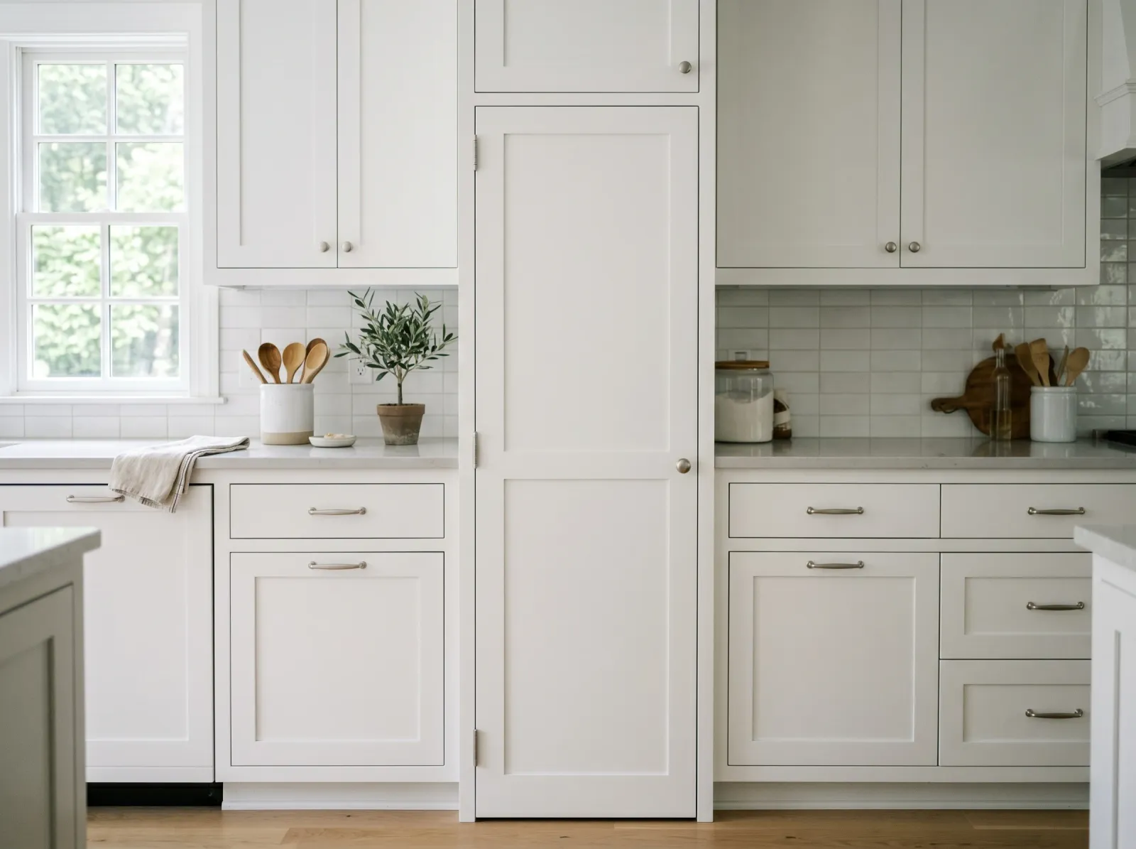 Finished cabinet door rehung in a clean uniform cool-white finish matching the run