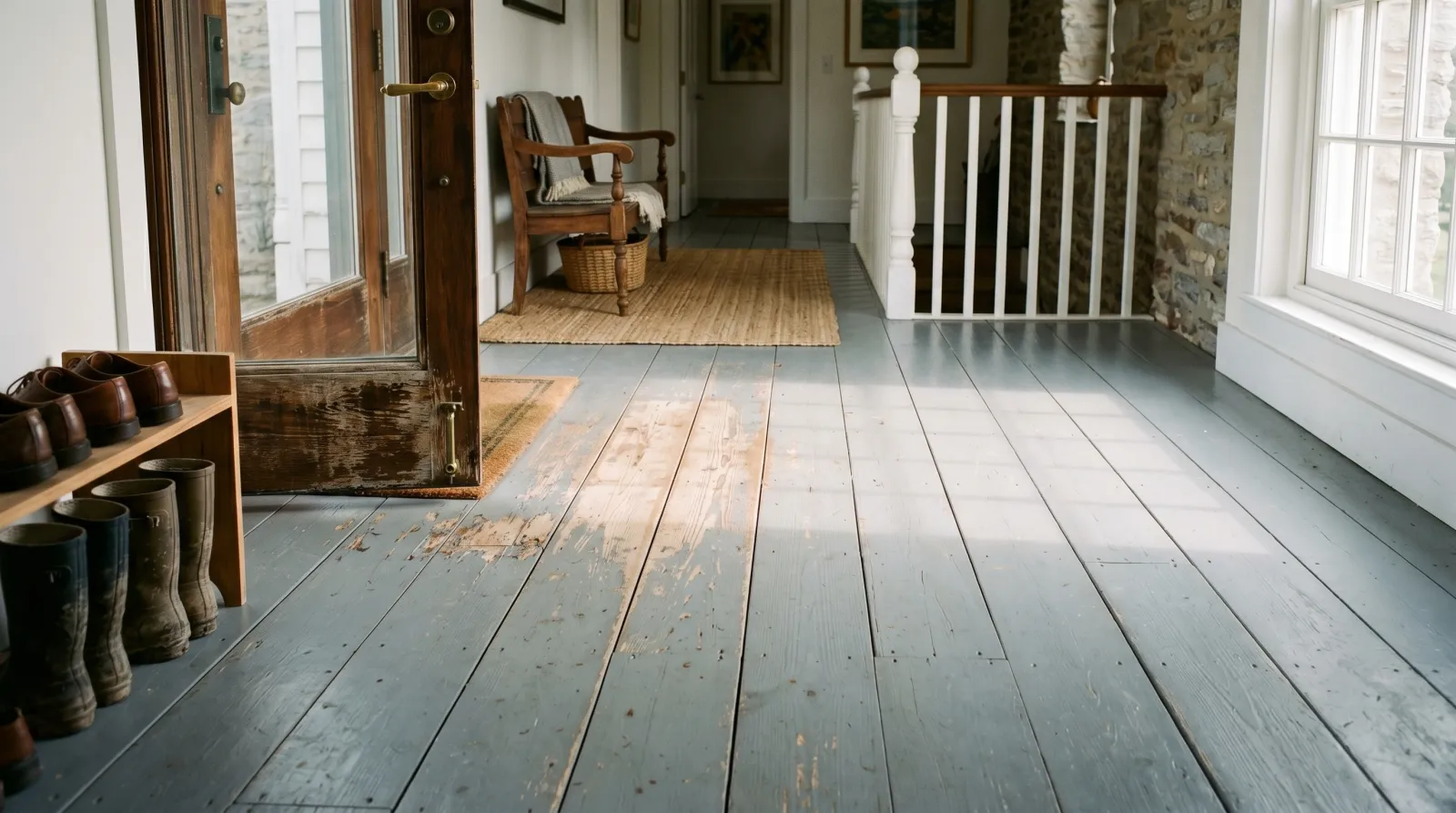 Painted wood floor with a worn lighter traffic path and scuffs running from a doorway