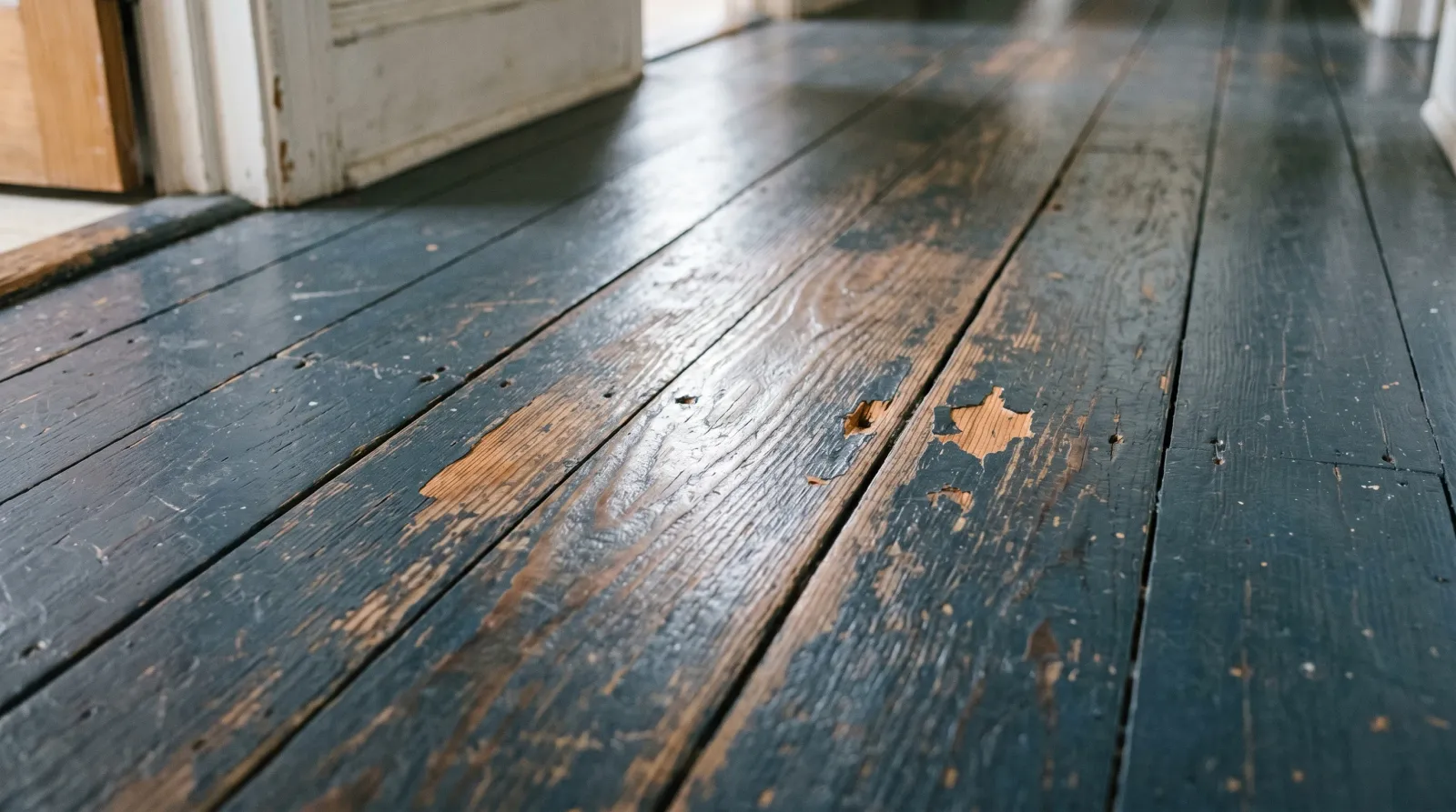 Close-up of a worn painted floor traffic lane with thin paint and small chips to bare wood
