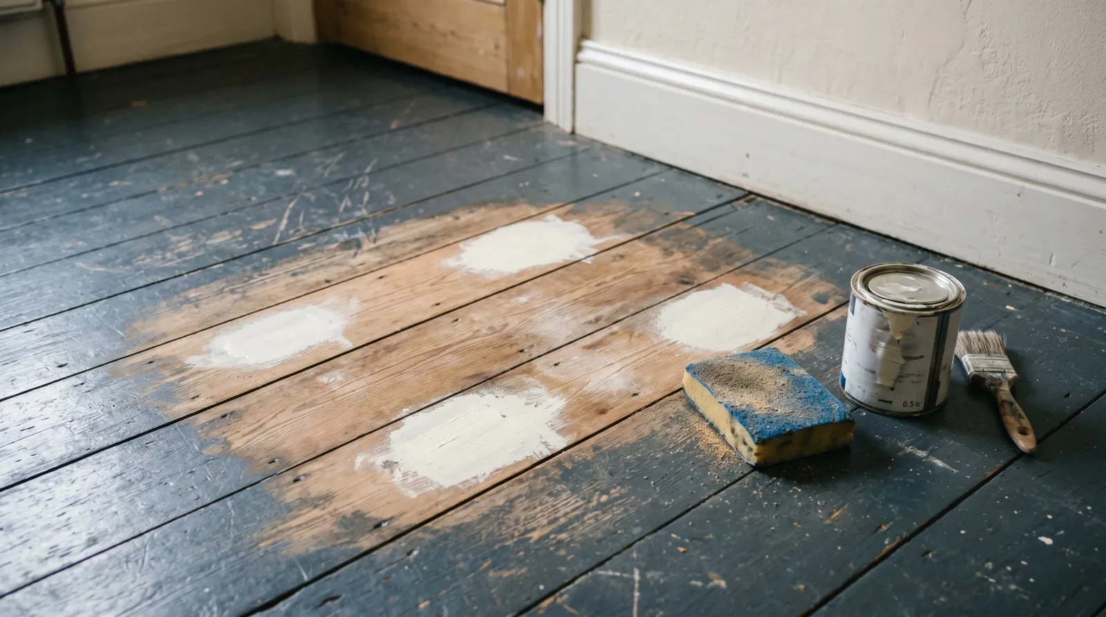 Painted floor sanded dull and feathered with bare spots primed during repair