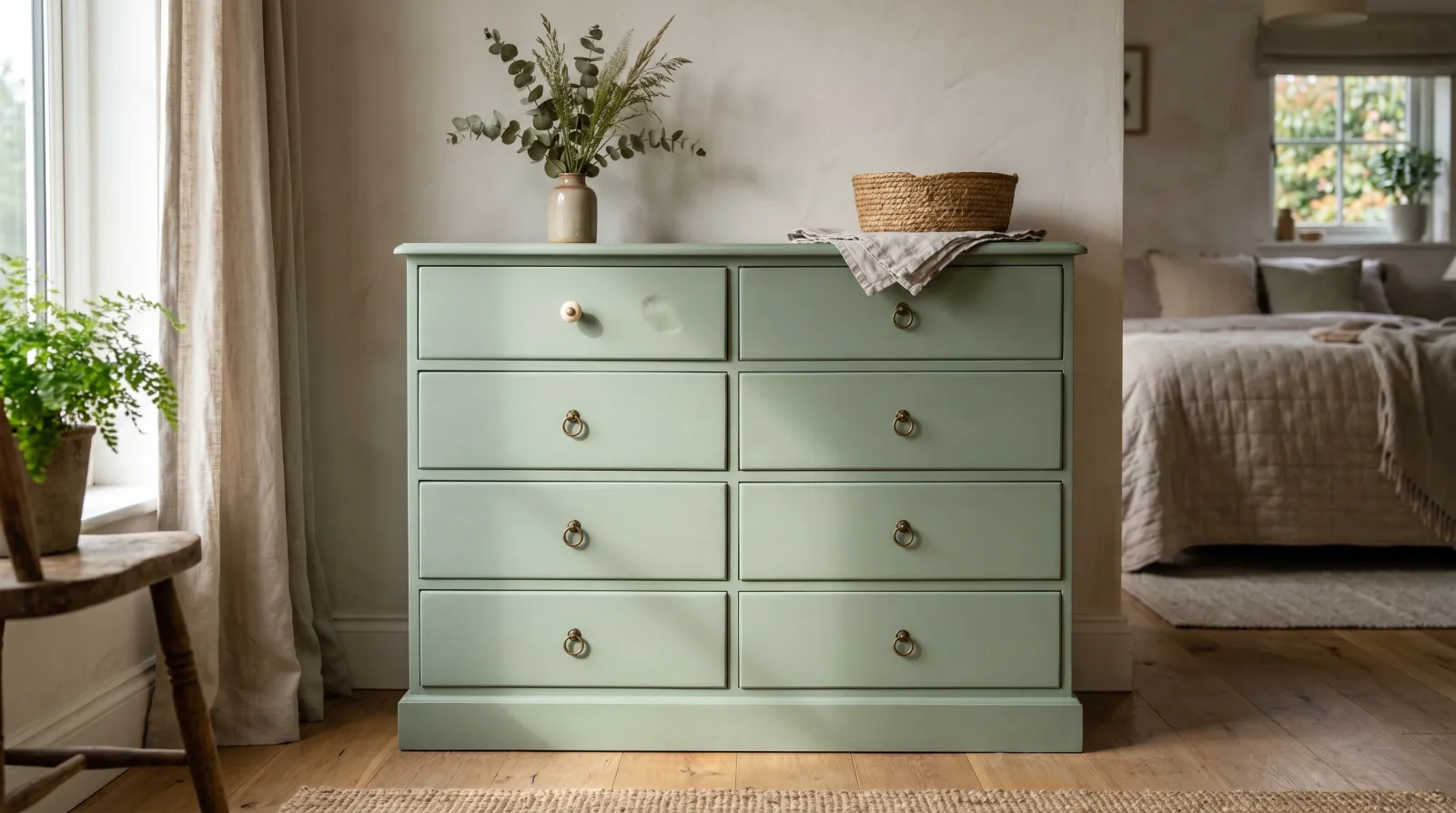 Freshly painted green dresser with a faint press mark in the soft finish
