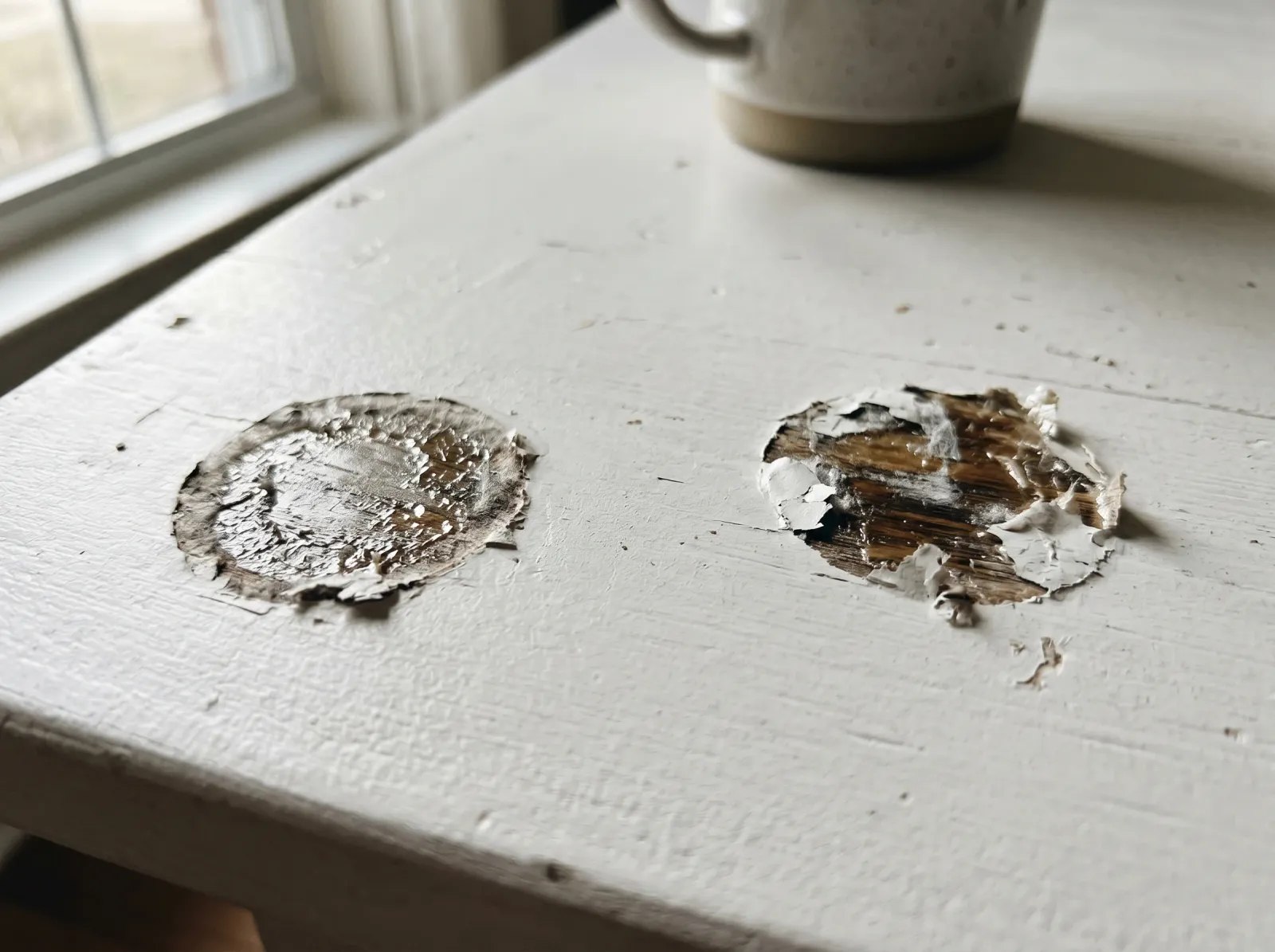 White painted tabletop with shiny imprints where felt pads stuck and lifted the soft paint