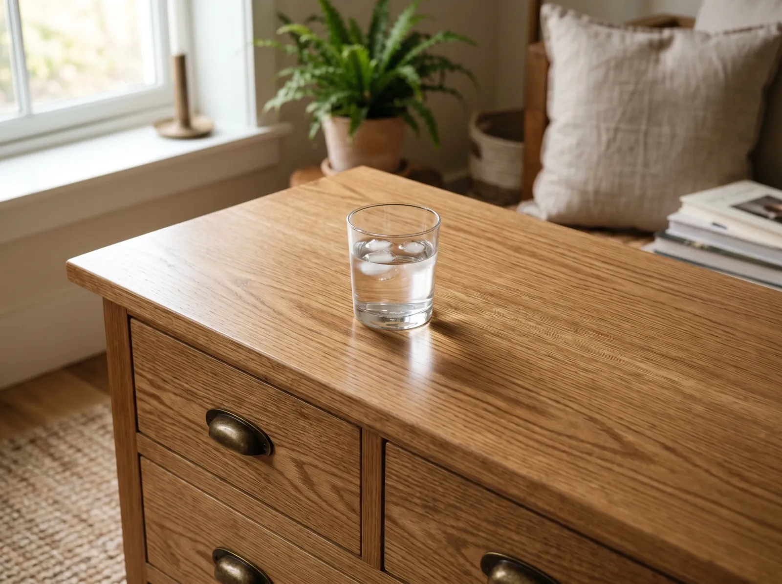 Fully cured painted drawer fronts holding a glass with no marking or stick