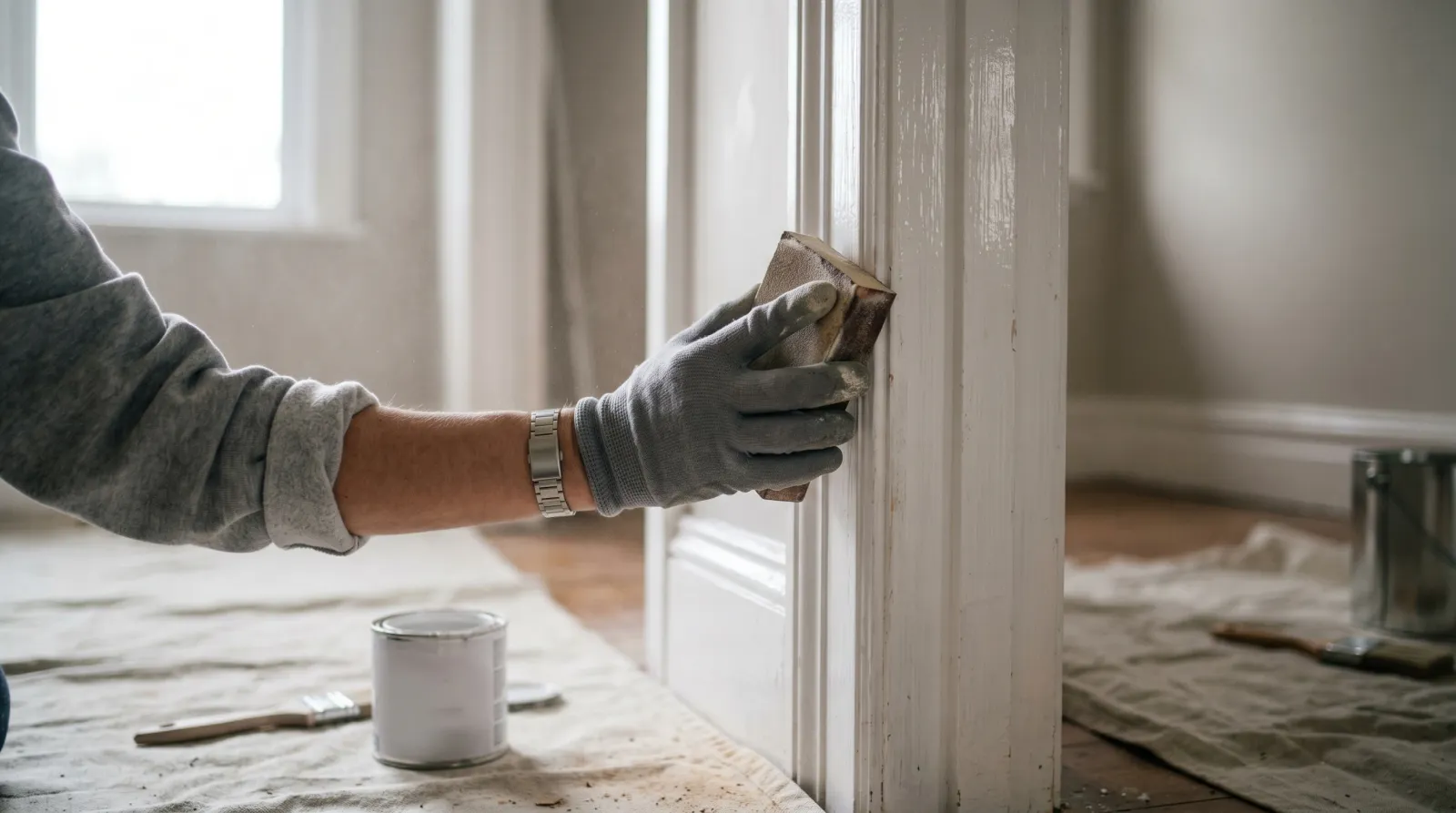Hand sanding a glossy white door frame with a bonding primer can in the background