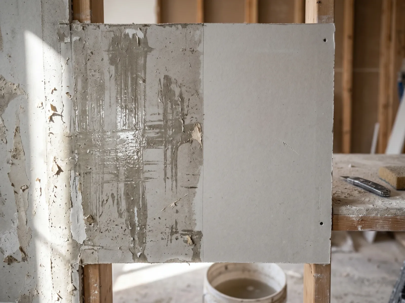 Stripped wall showing glossy paste residue on one side and a clean dull washed surface on the other