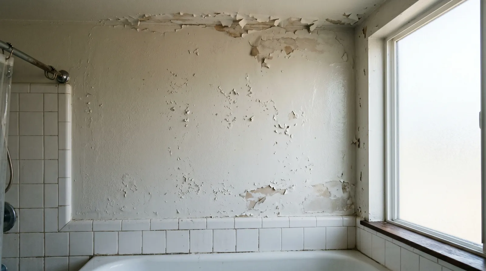 Bathroom wall above a tub with paint peeling and blistering near the ceiling line