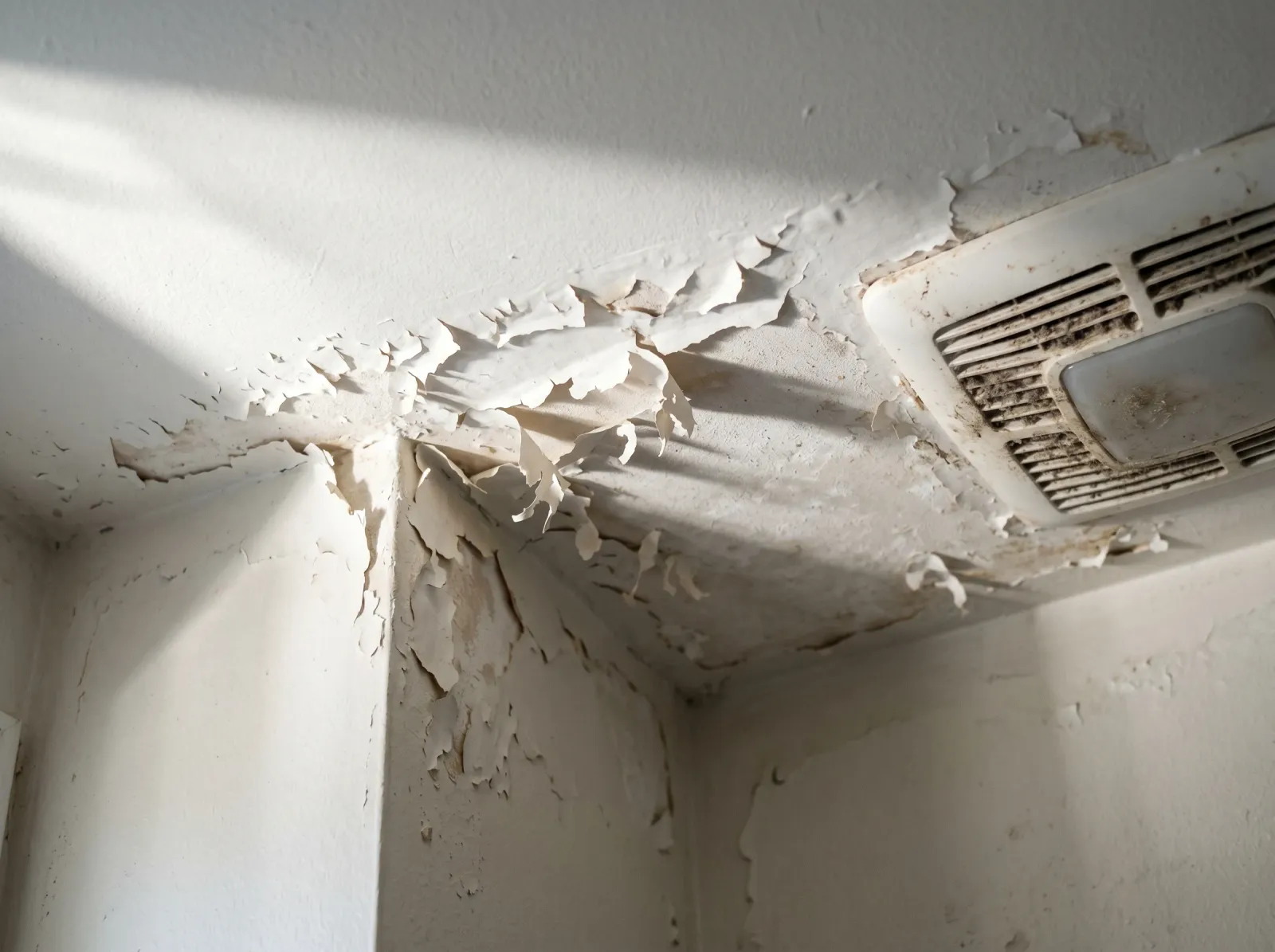 Bathroom ceiling corner with paint flaking off from condensation near an exhaust fan
