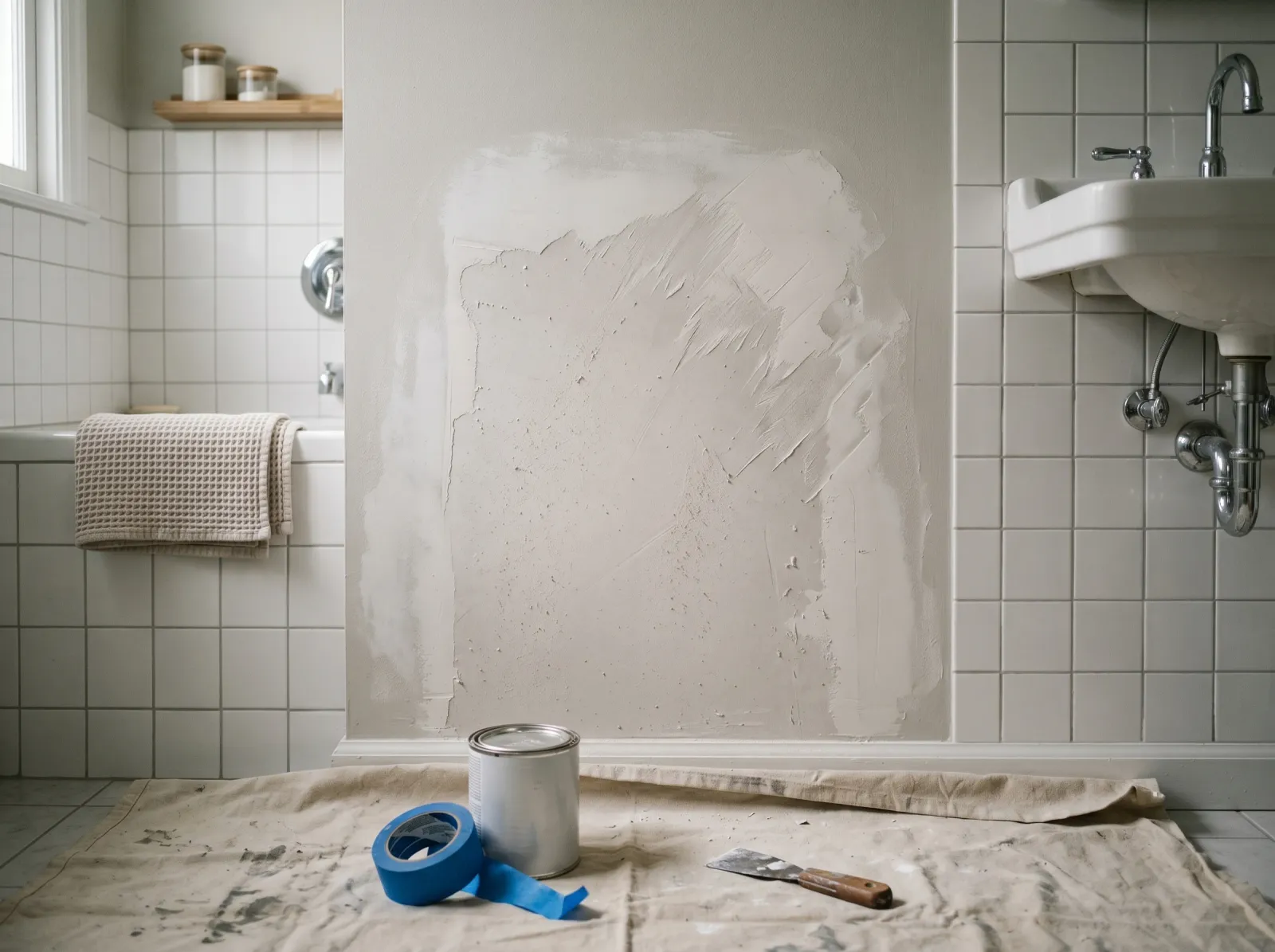 Bathroom wall scraped and sanded smooth, prepped for primer on a drop cloth