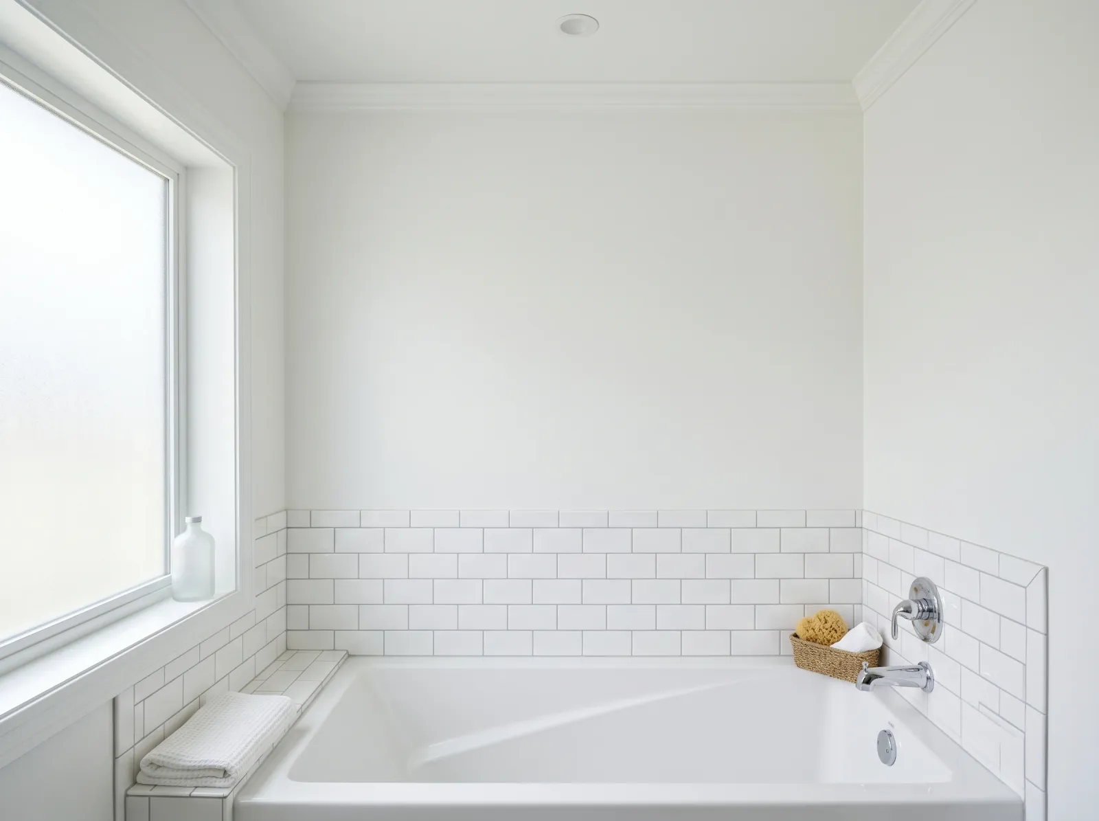 Finished bathroom wall and ceiling repainted in satin white with an even film