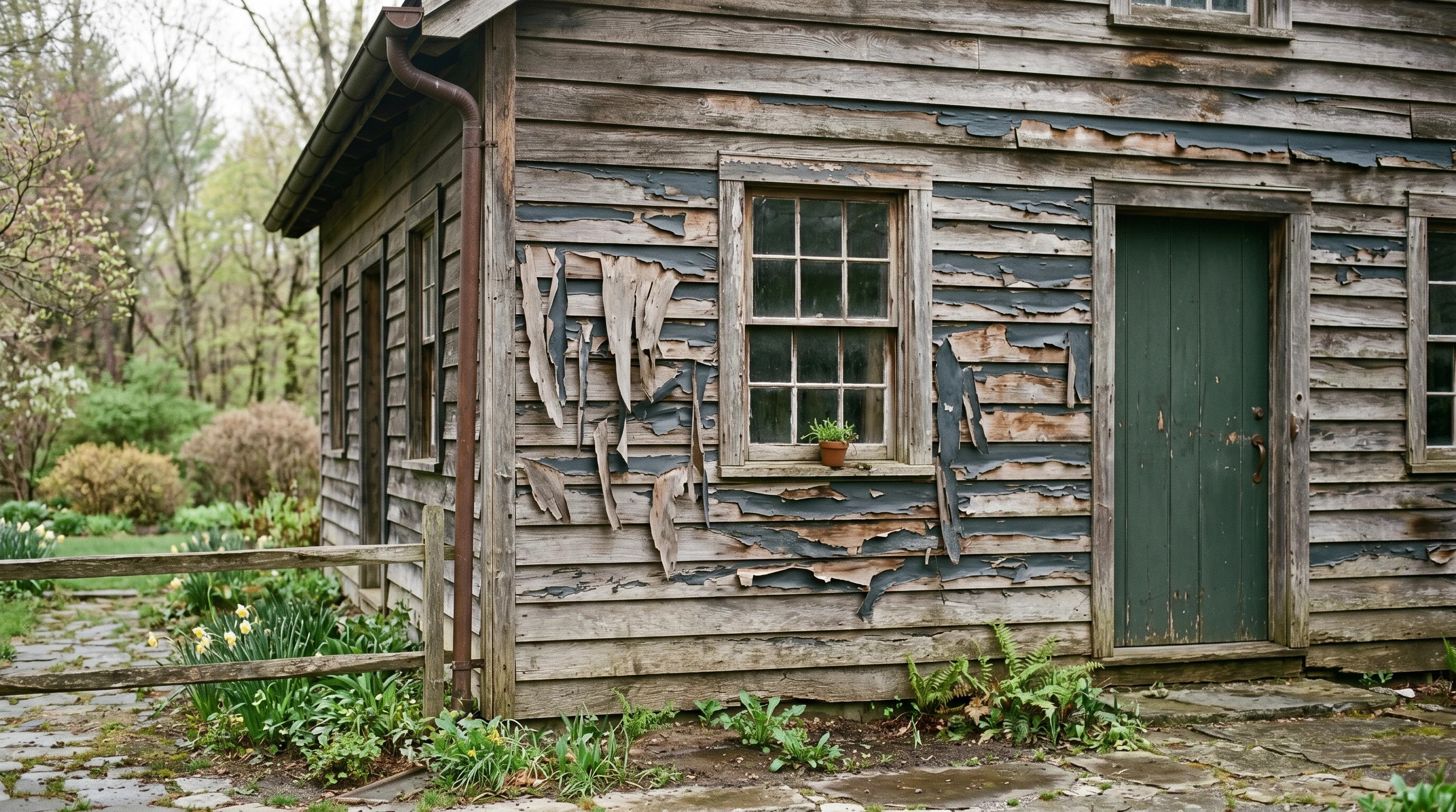 Exterior wood siding with paint peeling in long curling strips, bare cedar visible