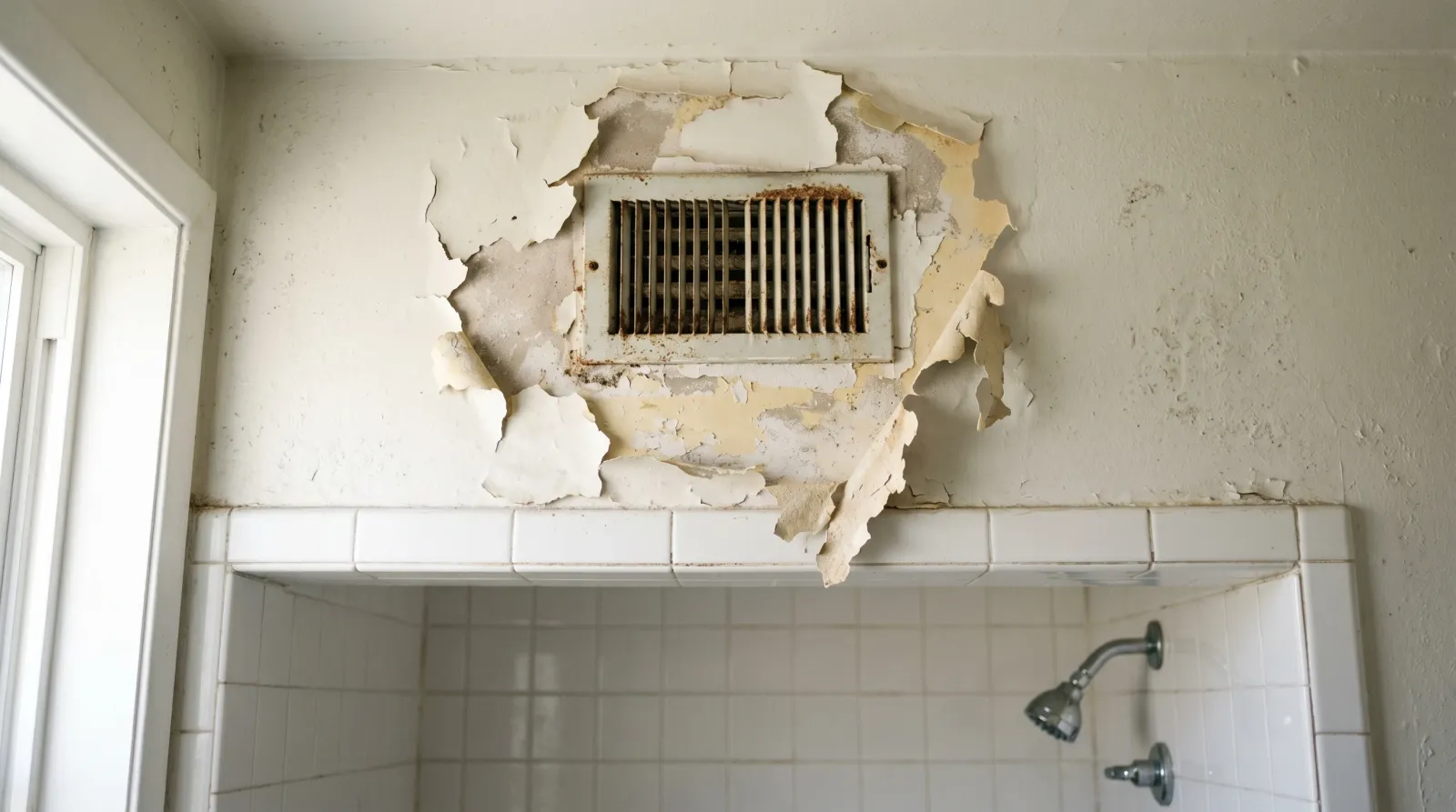 Bathroom wall above a tiled shower with paint peeling around the vent grille