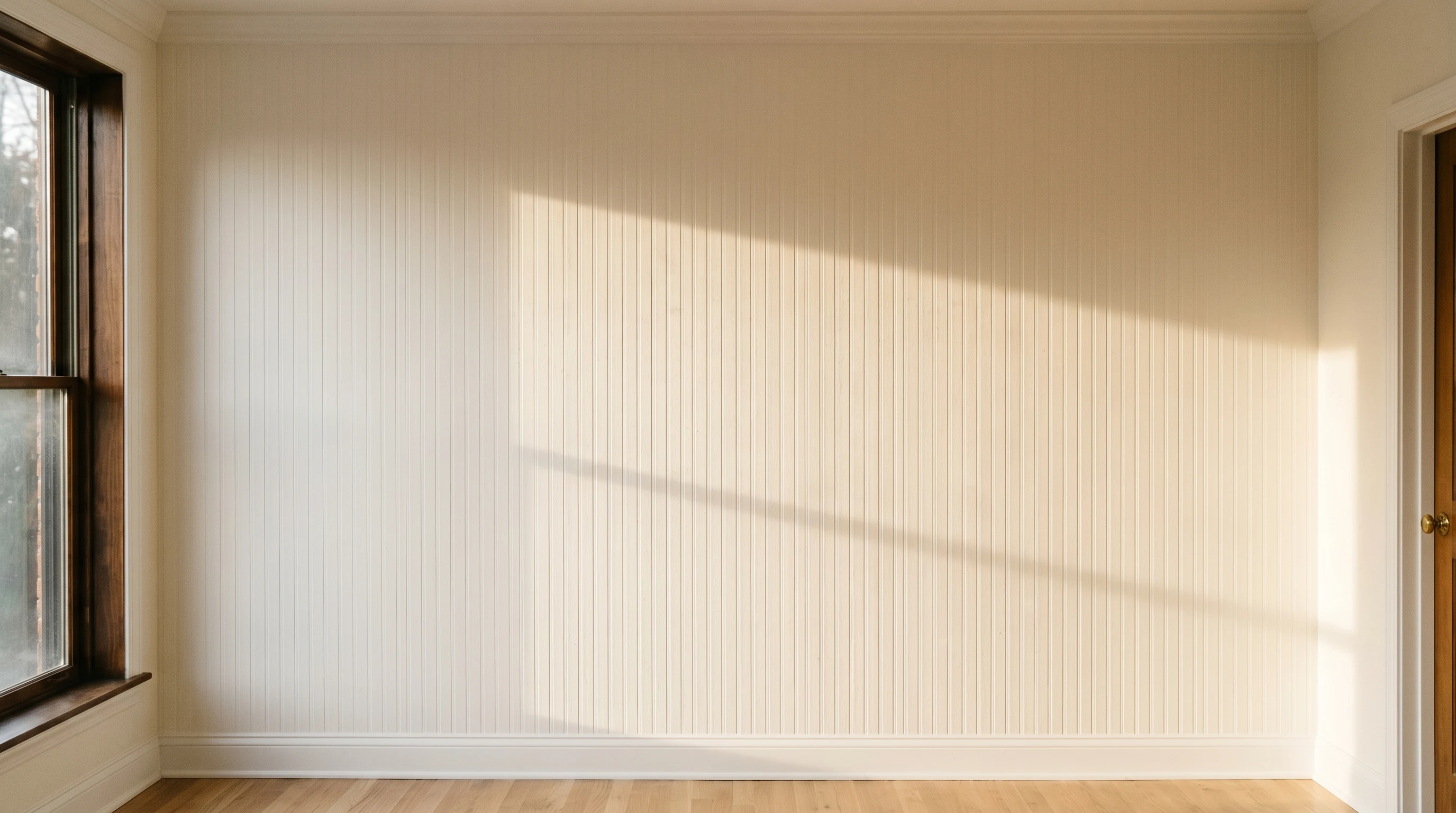 Freshly painted wall under raking afternoon light showing fine roller-track stripes across the surface