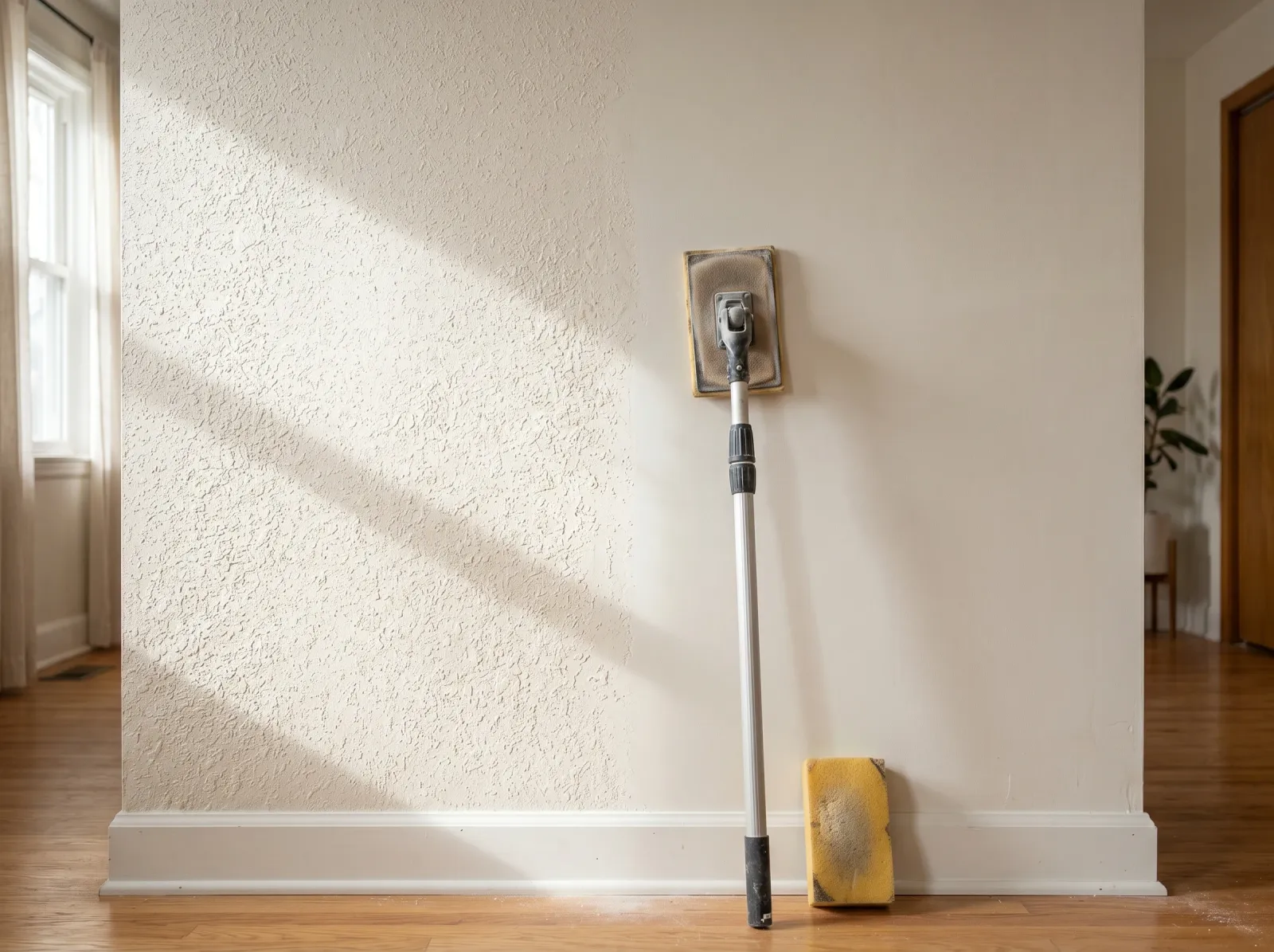 Wall half showing rough roller stipple and half sanded smooth, sanding pole leaning nearby