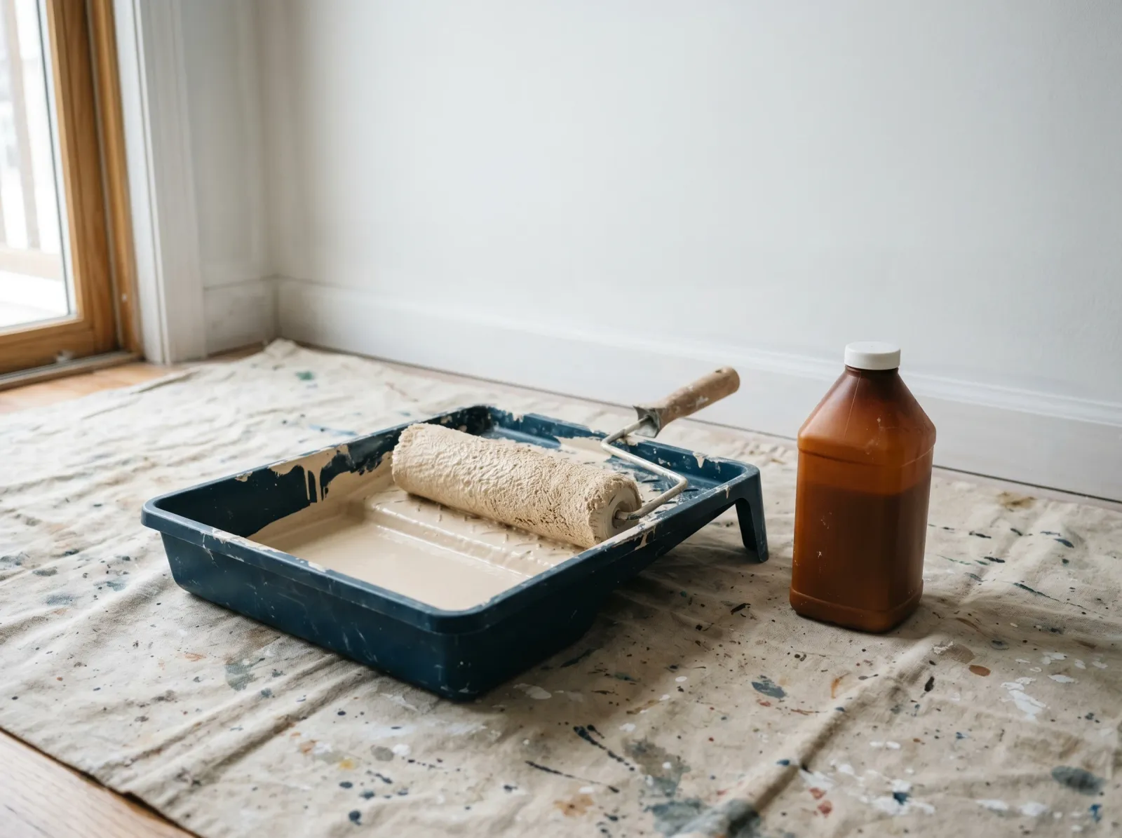 Microfiber roller cover and a quart of paint conditioner in a tray on a drop cloth