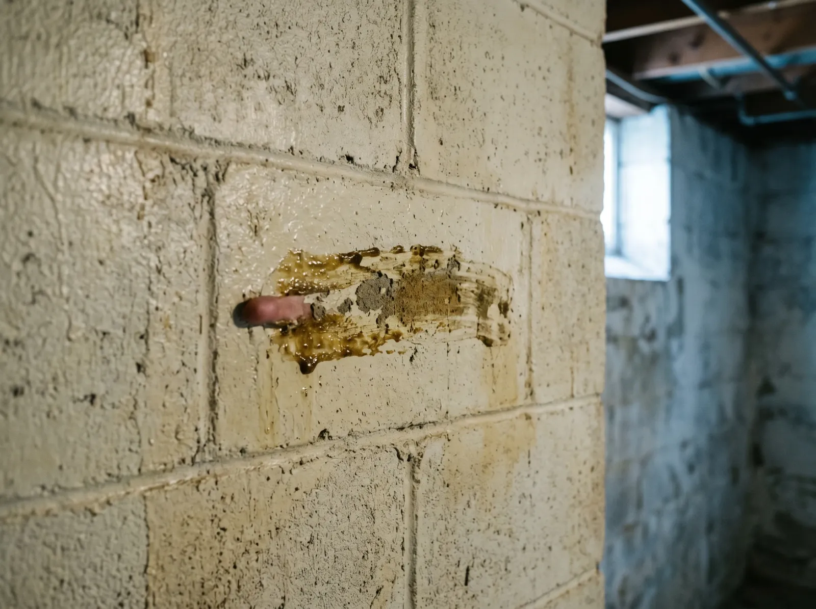 Concrete block wall with soft tacky paint and a brown sticky residue from saponification