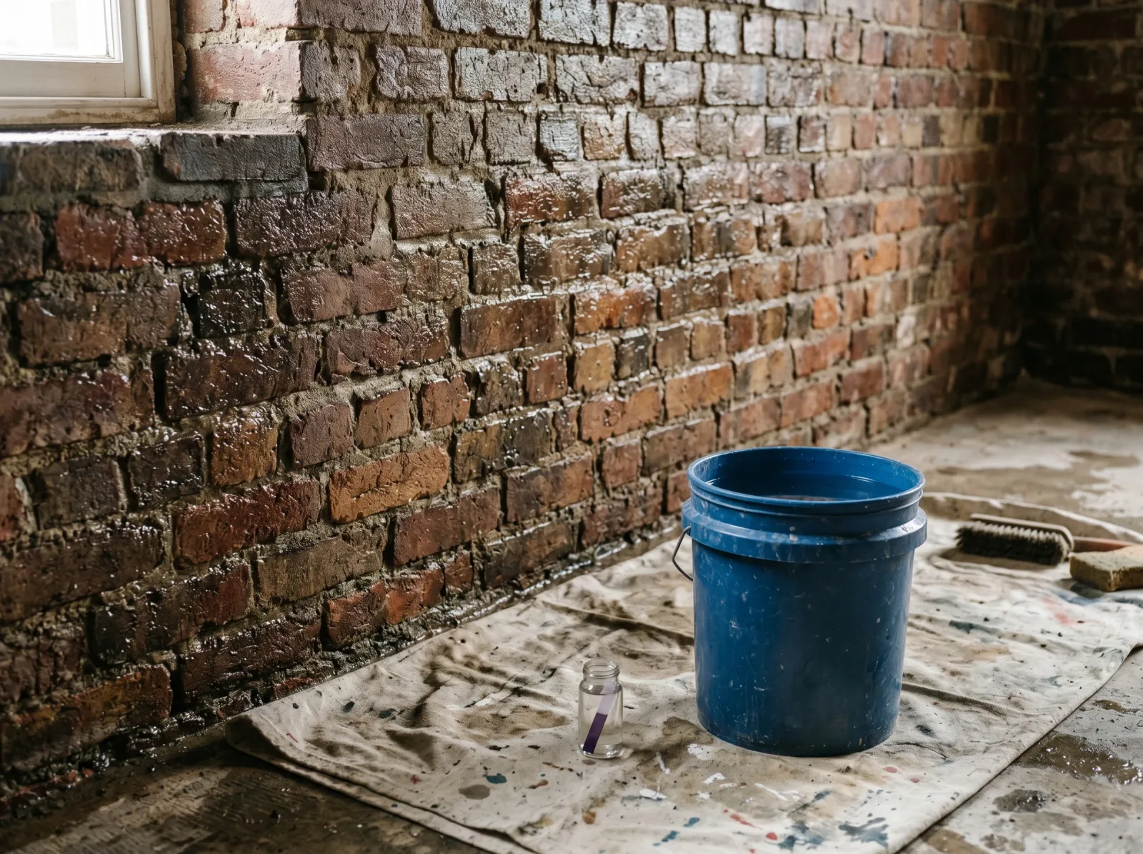 Bare washed masonry wall with a pH strip and clean water during neutralizing