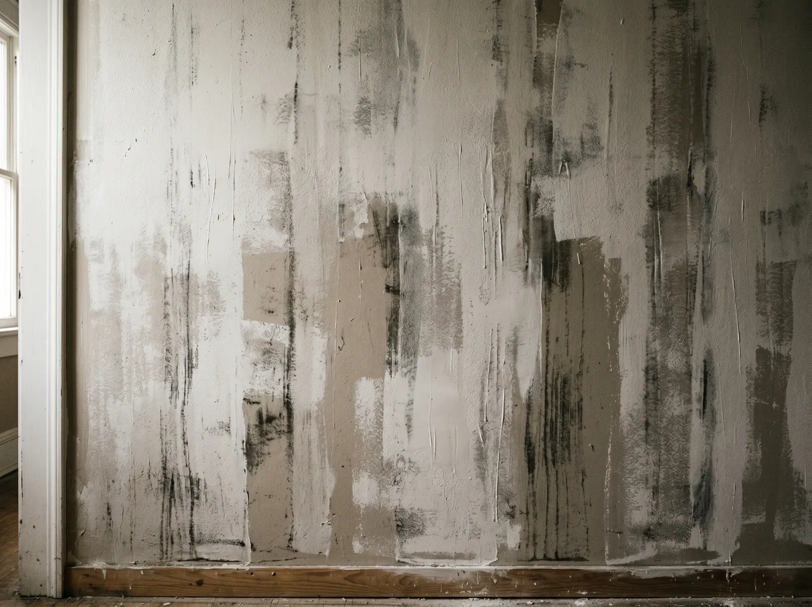Wall section showing thin streaky single coat with the old color ghosting through