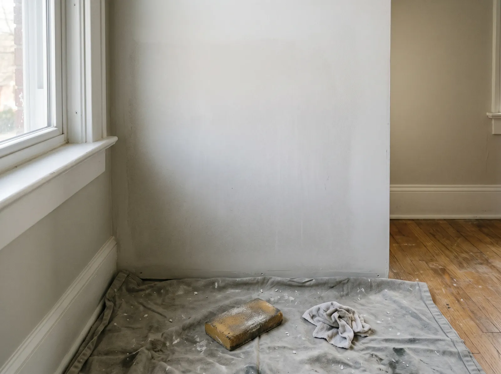 Wall lightly sanded flat and wiped clean, ready for a full recoat
