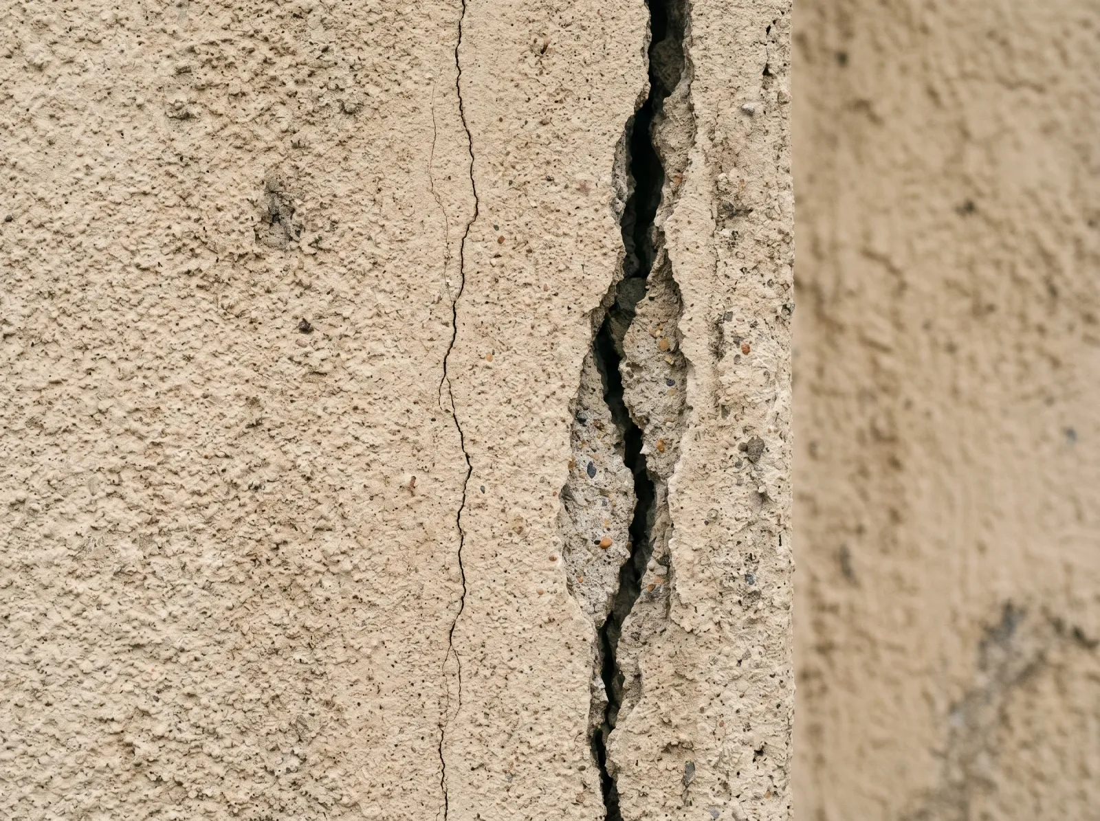 Close-up of hairline and wider cracks in textured stucco side by side