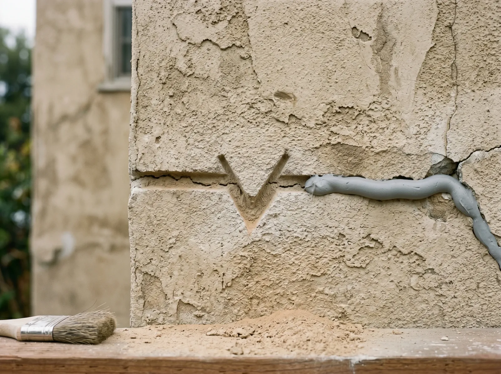 Stucco crack widened into a clean groove with caulk run into a wider crack, surface prepped