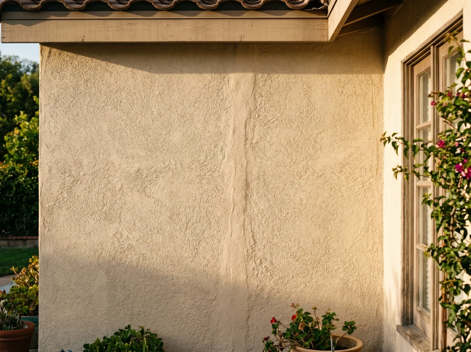 Repaired stucco wall with the crack filled, textured to match, and coated uniform