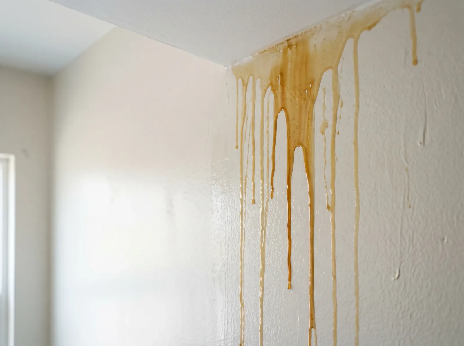 Close-up of amber and tan soapy streaks weeping down a fresh latex bathroom wall