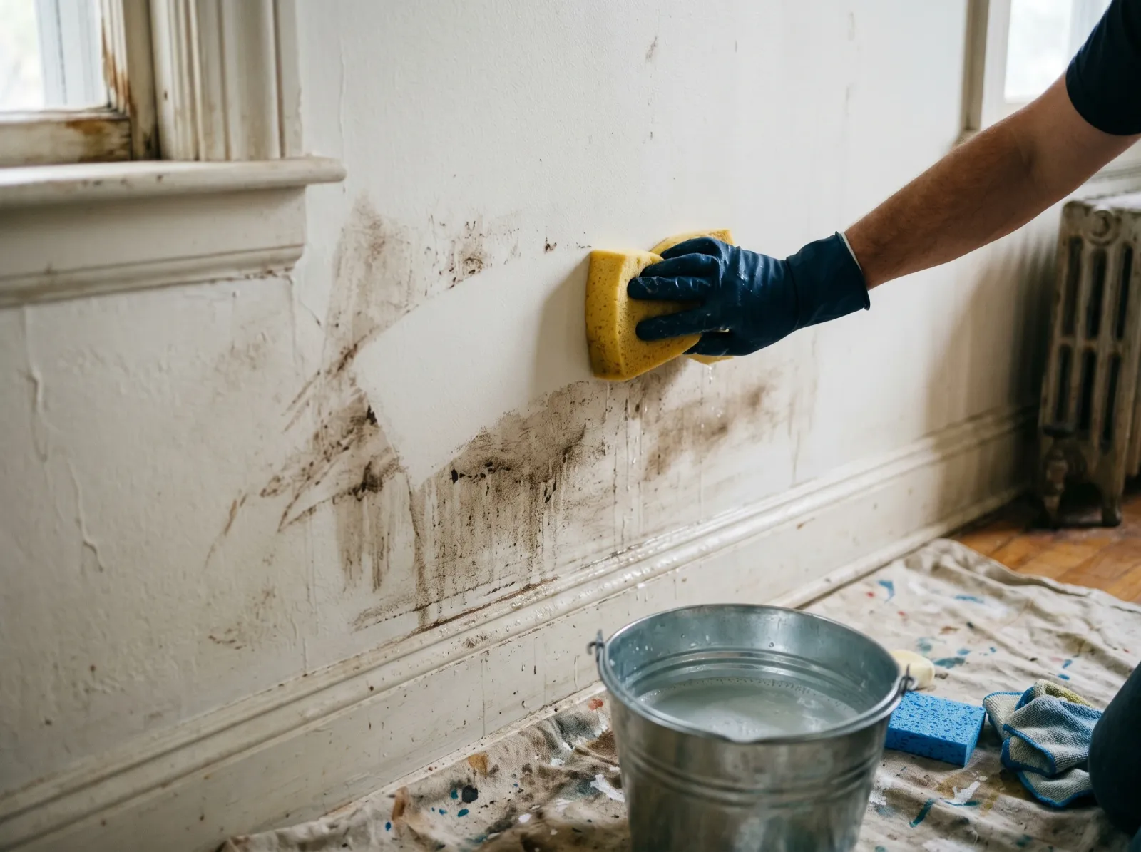 Damp sponge wiping brown surfactant streaks off a painted wall to reveal even color beneath