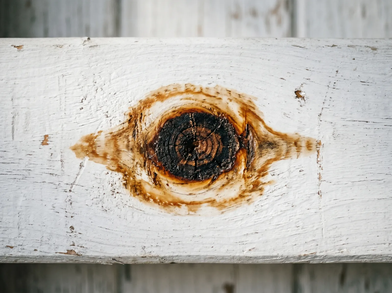 Close-up of a single pine knot bleeding an amber ring through white paint